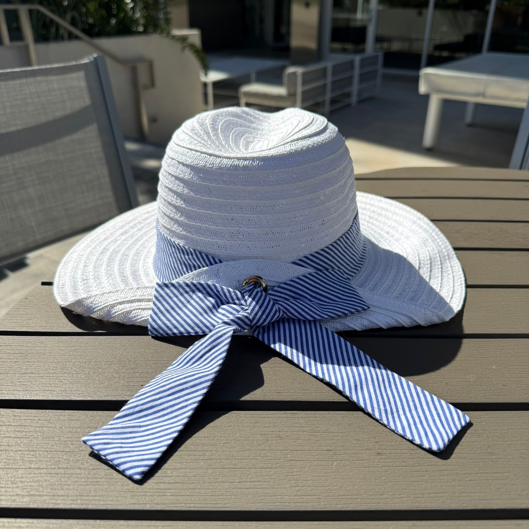 Striped Ribbon Tie Straw Sun Hat