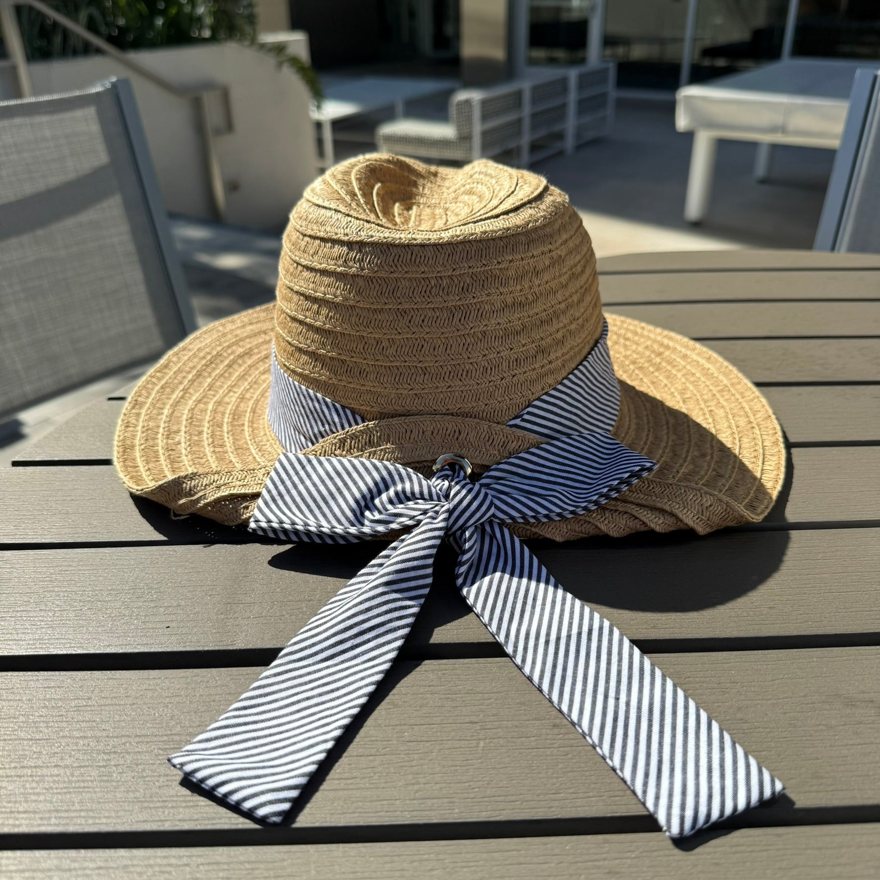 Striped Ribbon Tie Straw Sun Hat