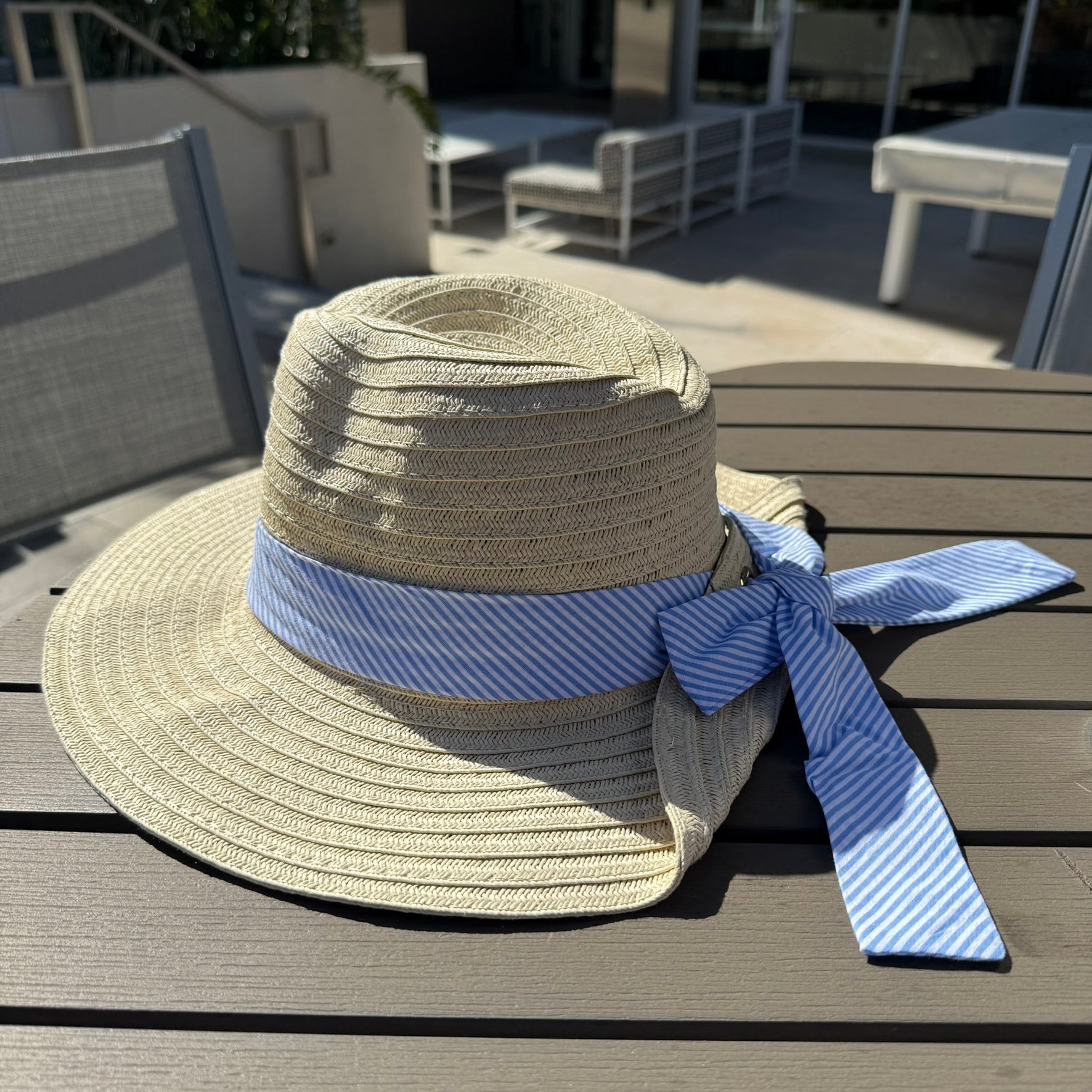 Striped Ribbon Tie Straw Sun Hat