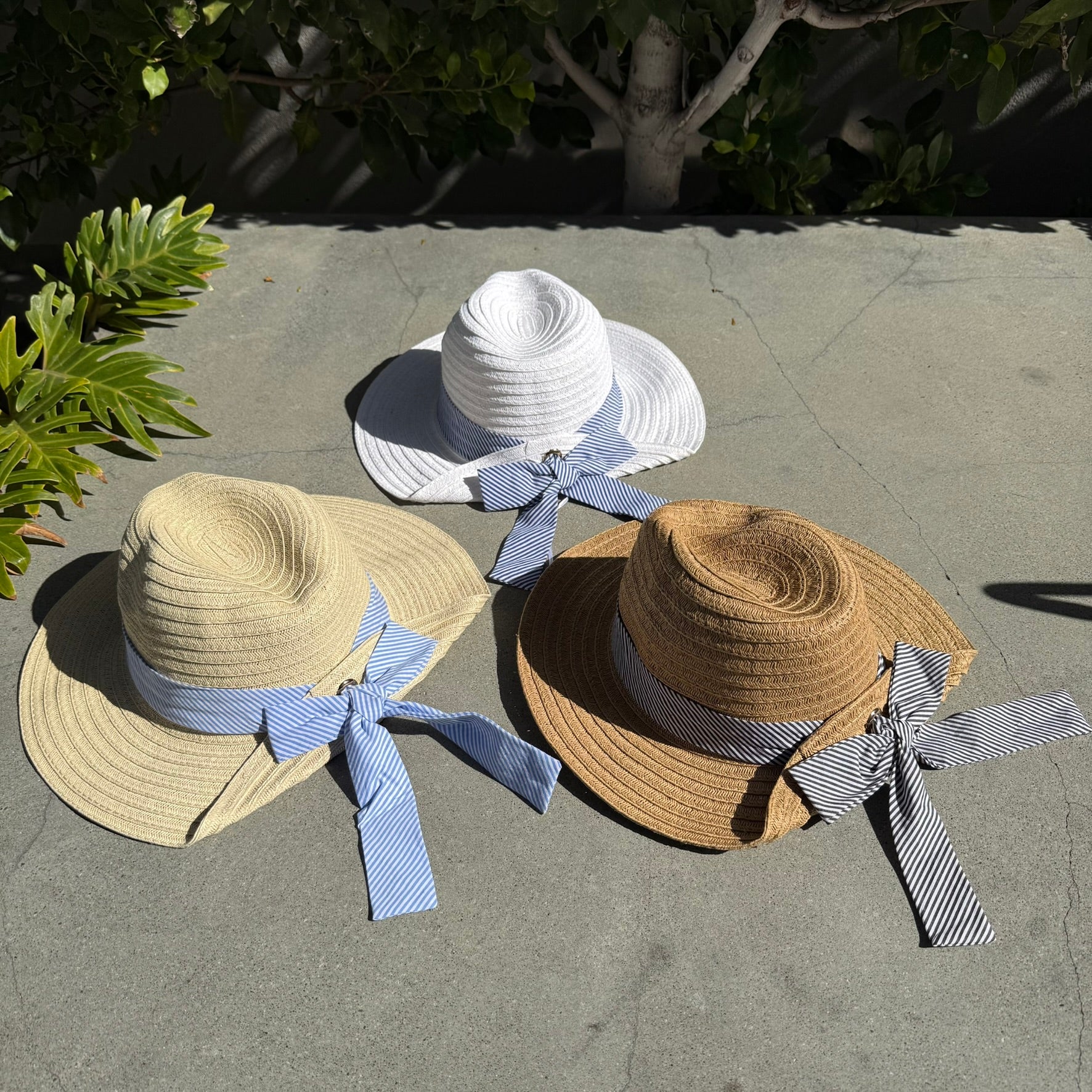 Striped Ribbon Tie Straw Sun Hat