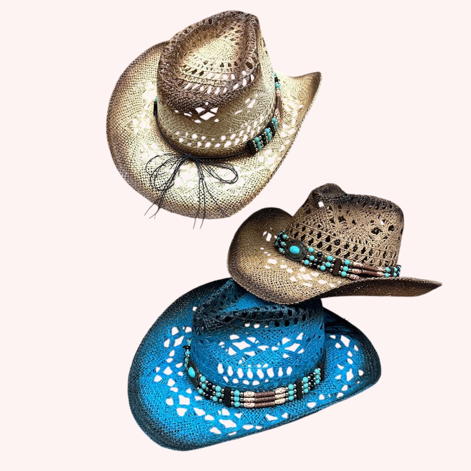 TEA STAINED OPEN WEAVE COWBOY HAT WITH WESTERN WOOD BEAD BAND
