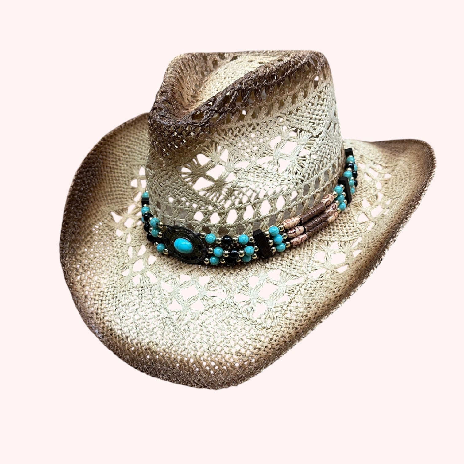 TEA STAINED OPEN WEAVE COWBOY HAT WITH WESTERN WOOD BEAD BAND
