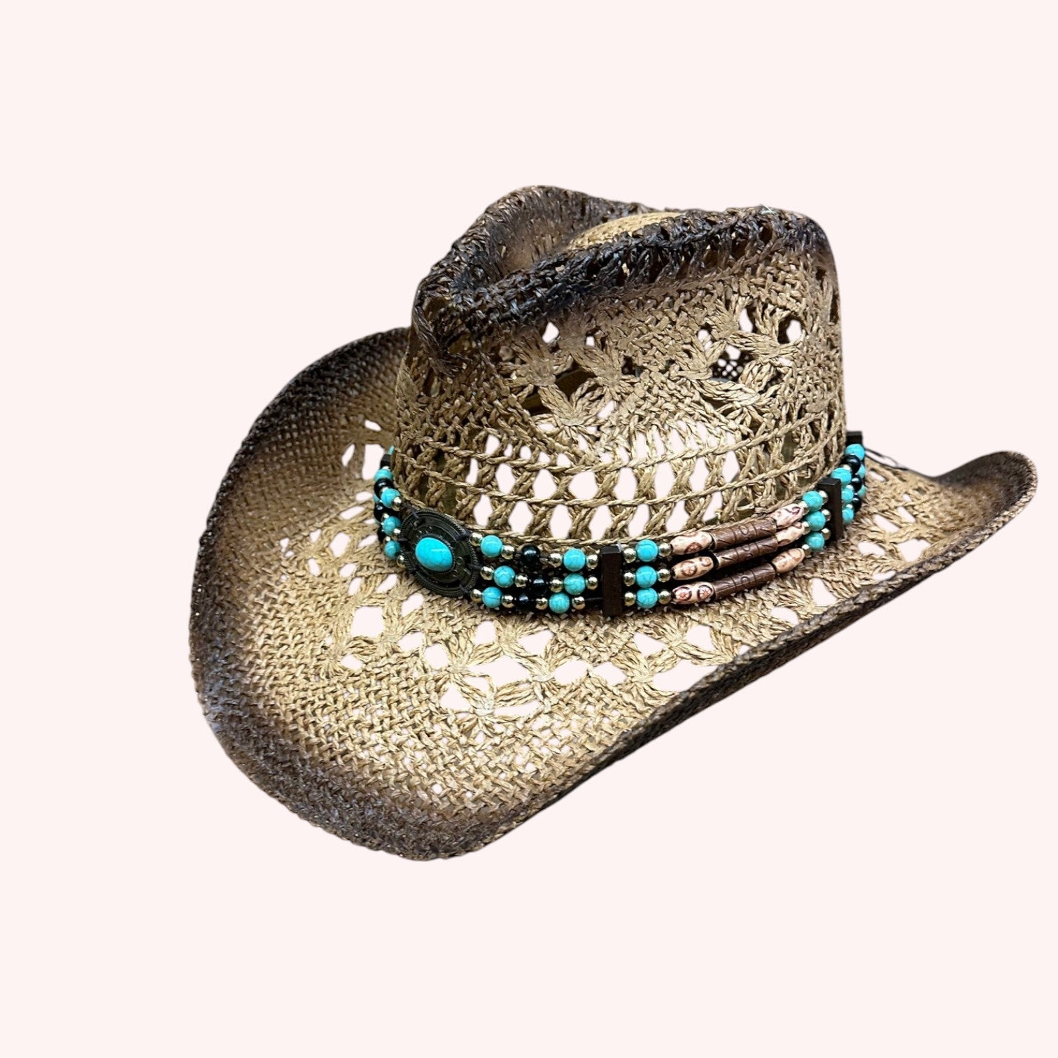 TEA STAINED OPEN WEAVE COWBOY HAT WITH WESTERN WOOD BEAD BAND
