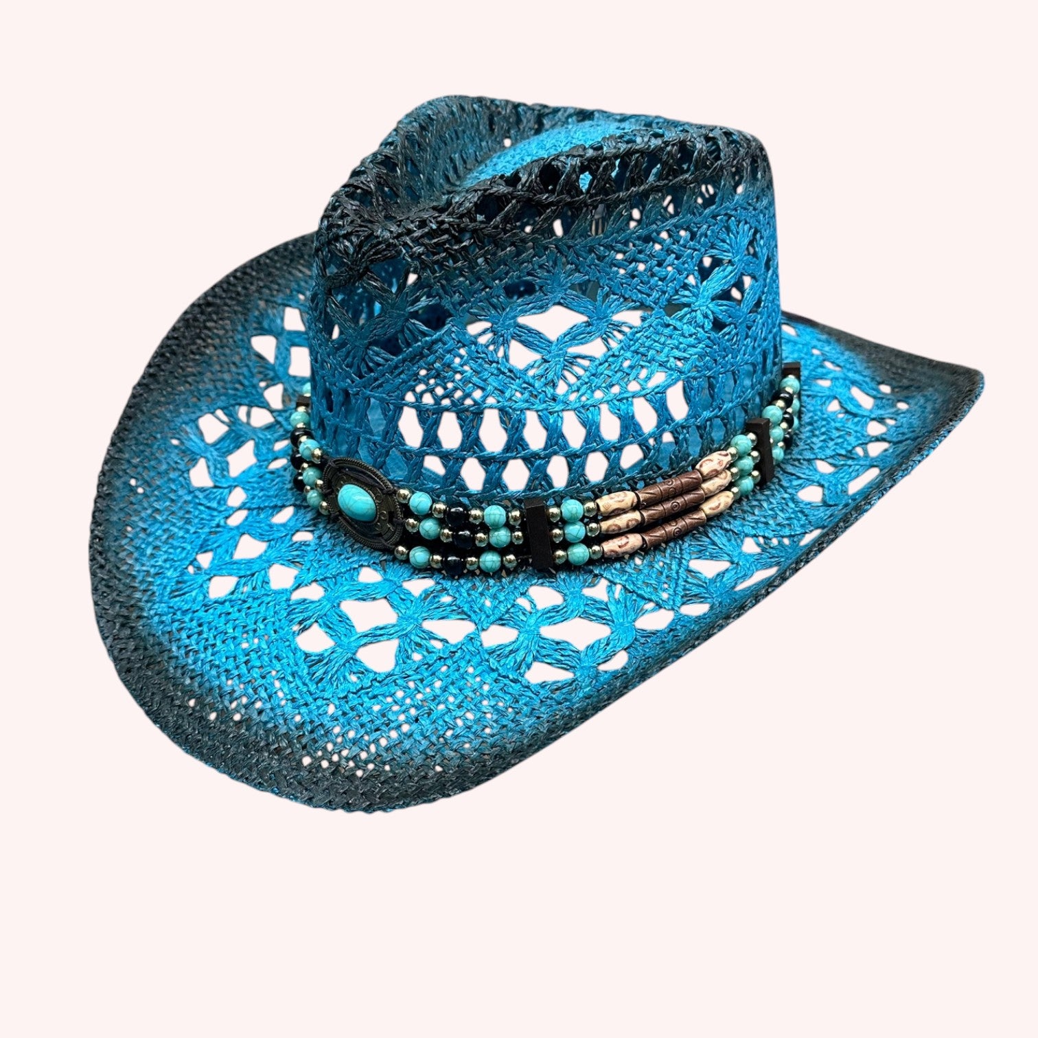 TEA STAINED OPEN WEAVE COWBOY HAT WITH WESTERN WOOD BEAD BAND