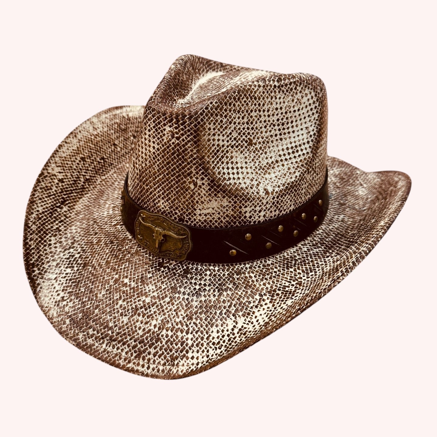 VINTAGE COWBOY HAT WITH WESTERN BULL AND STUD FAUX LEATHER BAND