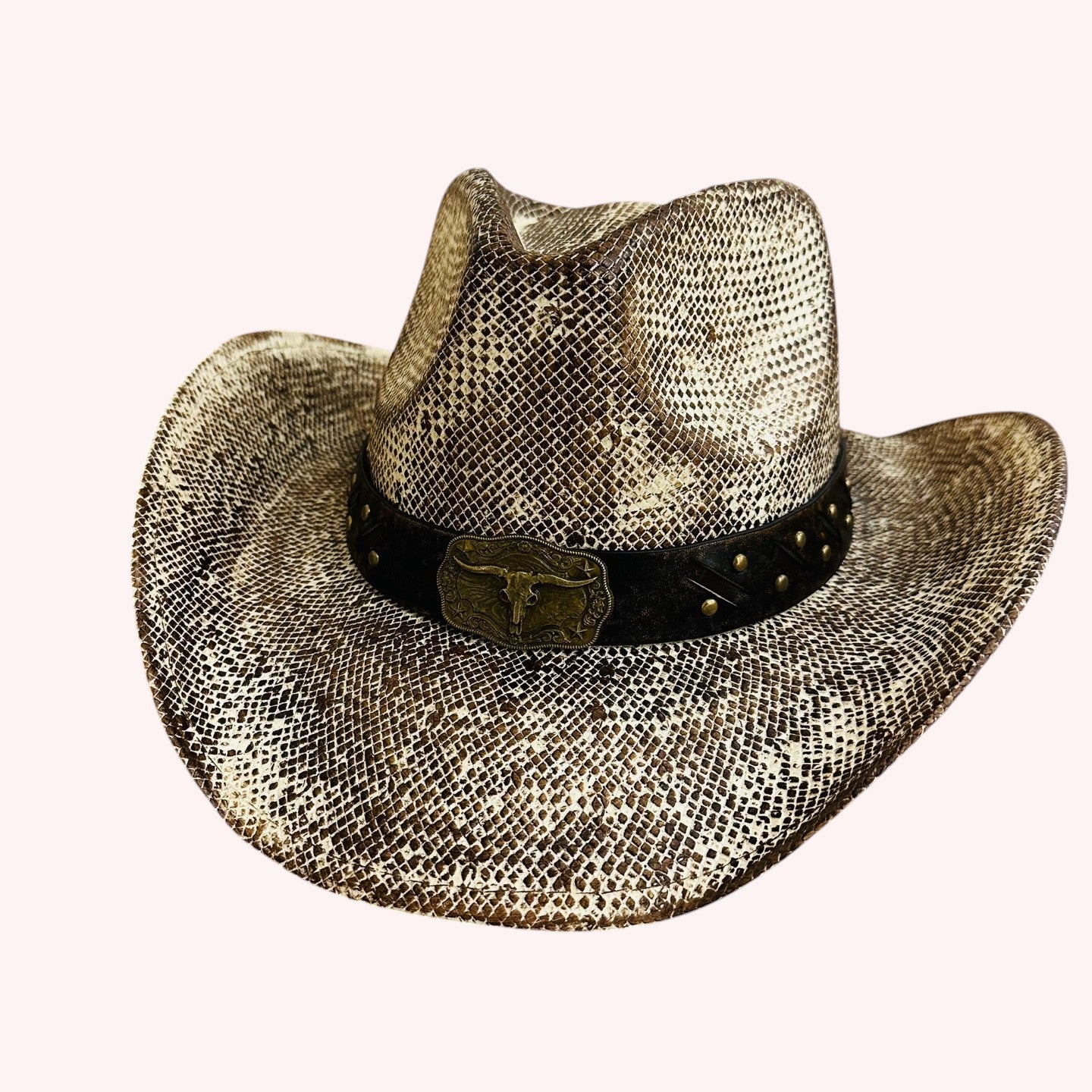 VINTAGE COWBOY HAT WITH WESTERN BULL AND STUD FAUX LEATHER BAND