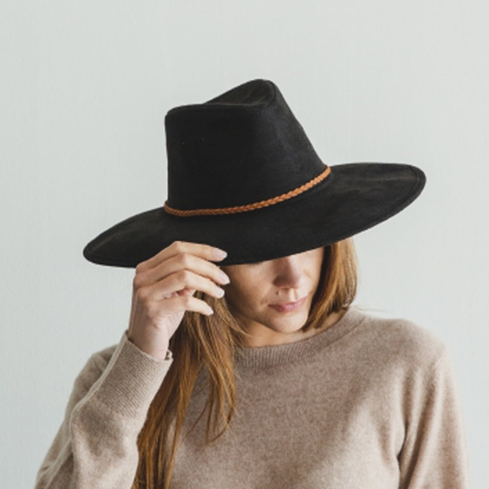 WIDE BRIM VEGAN SUEDE HAT W/ BRAIDE BELT
