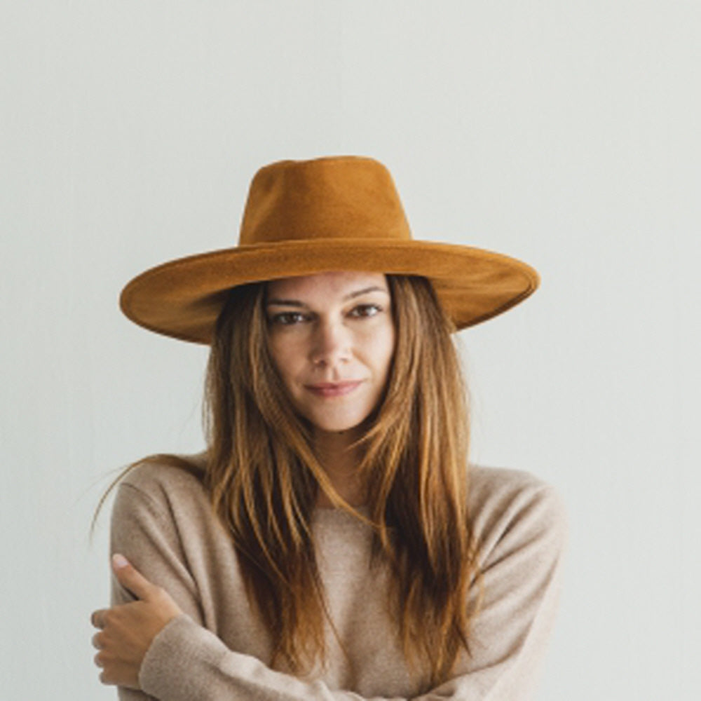 WIDE BRIM VEGAN SUEDE HAT W/ BRAIDE BELT