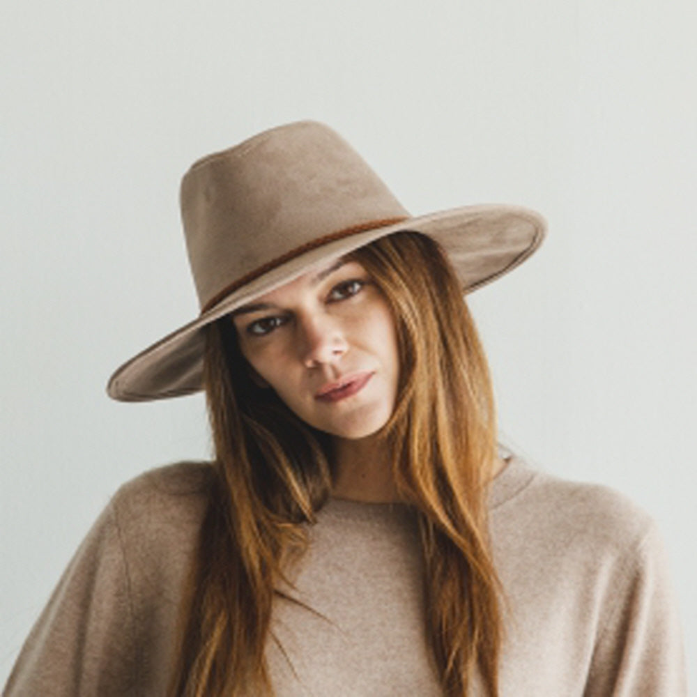 WIDE BRIM VEGAN SUEDE HAT W/ BRAIDE BELT