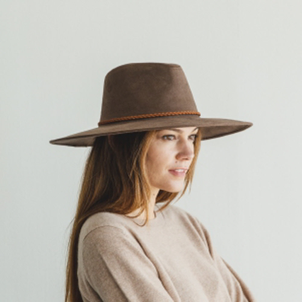 WIDE BRIM VEGAN SUEDE HAT W/ BRAIDE BELT