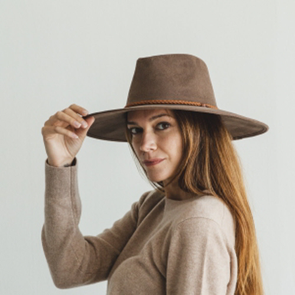 WIDE BRIM VEGAN SUEDE HAT W/ BRAIDE BELT