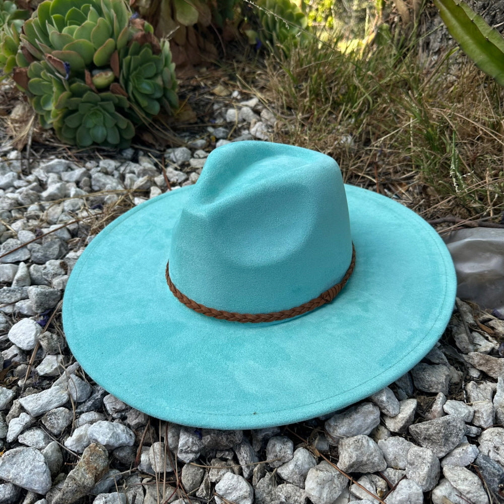 WIDE BRIM VEGAN SUEDE HAT W/ BRAIDE BELT