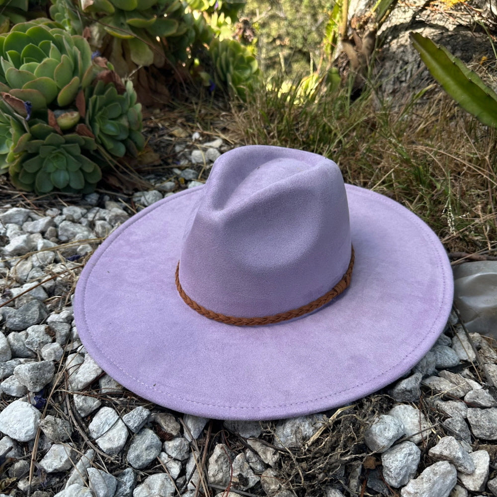 WIDE BRIM VEGAN SUEDE HAT W/ BRAIDE BELT