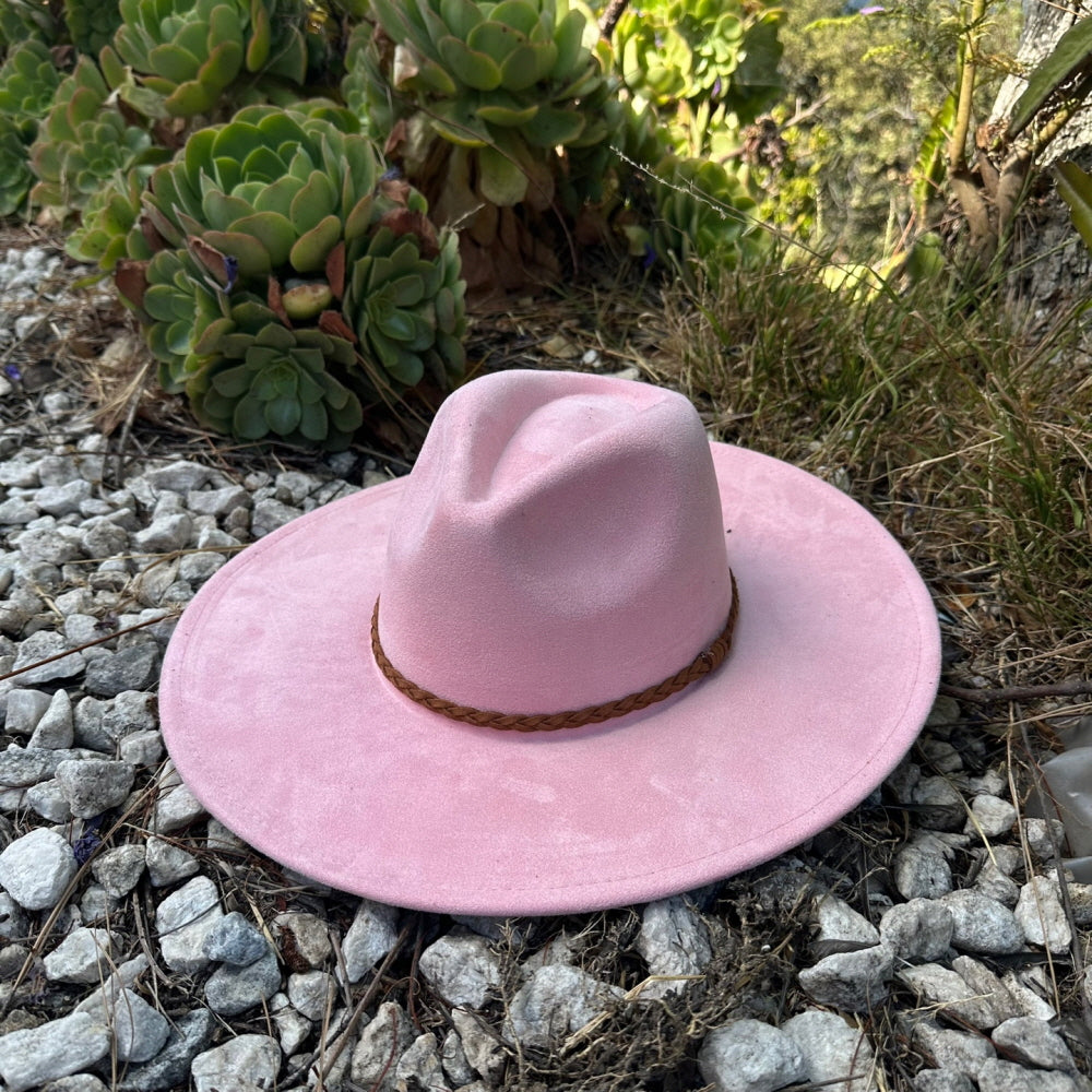 WIDE BRIM VEGAN SUEDE HAT W/ BRAIDE BELT