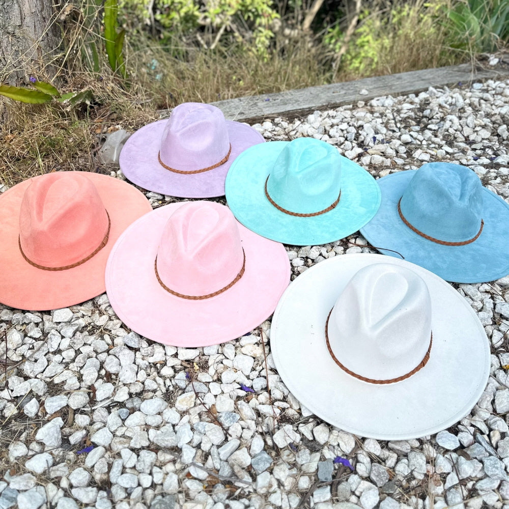WIDE BRIM VEGAN SUEDE HAT W/ BRAIDE BELT