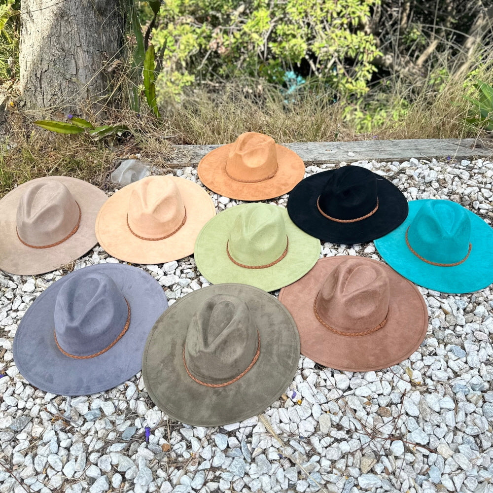 WIDE BRIM VEGAN SUEDE HAT W/ BRAIDE BELT