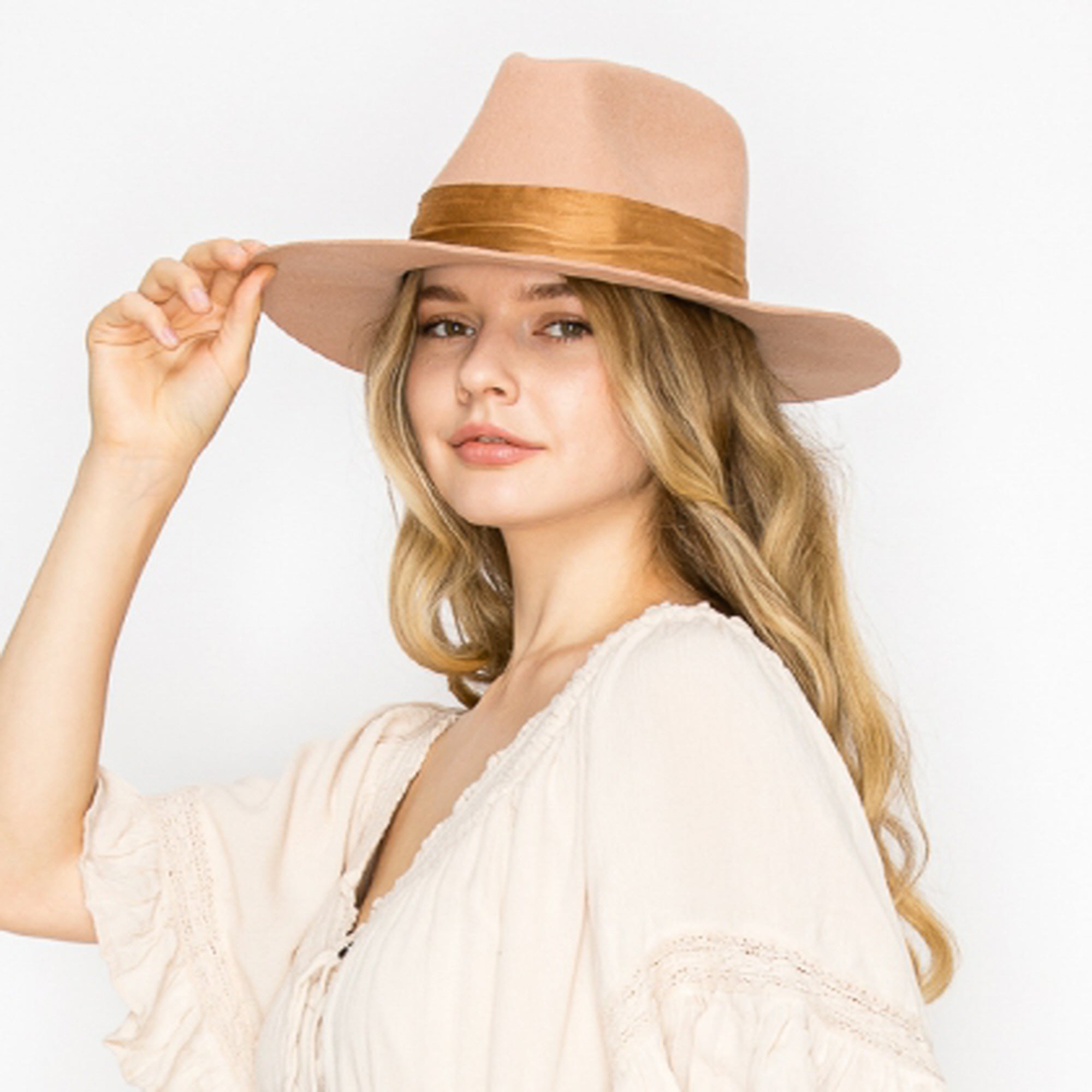 WOOL RANCHER HAT WITH VELVET BAND-CAMEL