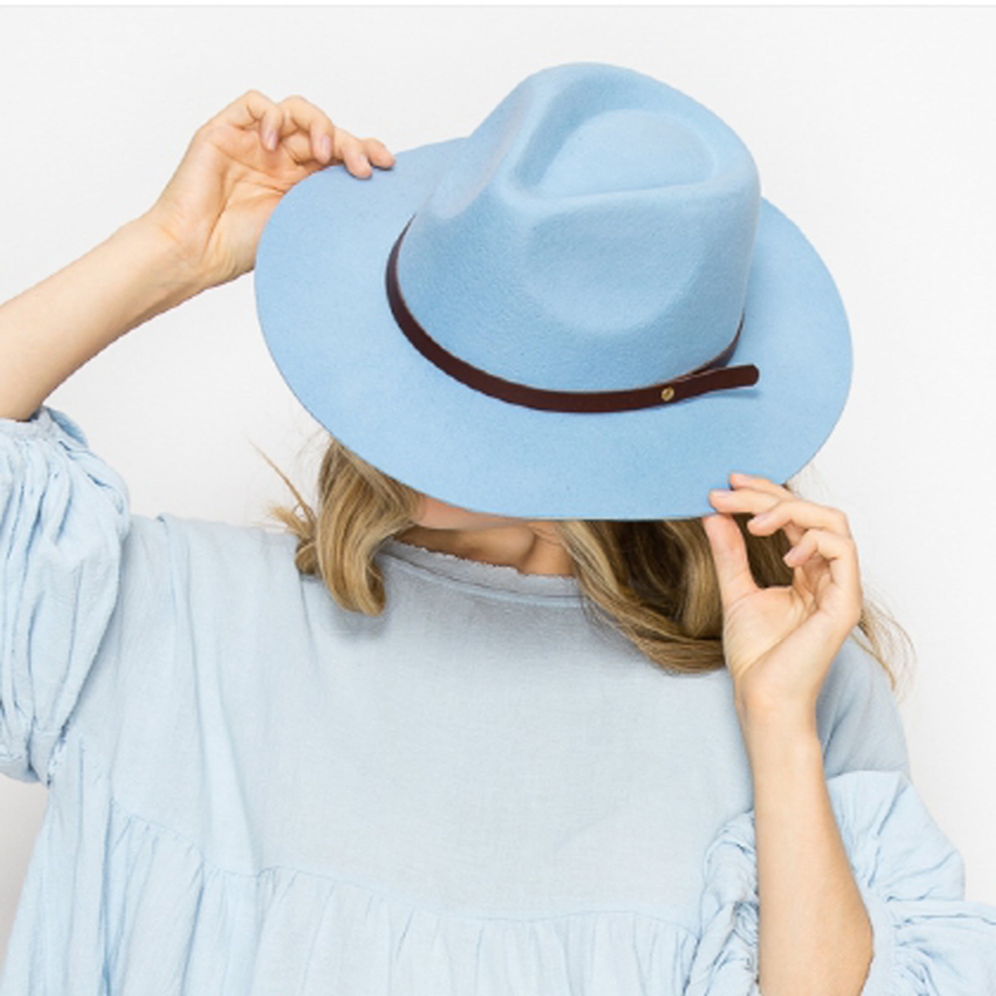 WOOL RANCHER HAT WITH LEATHER BELT-BLUE