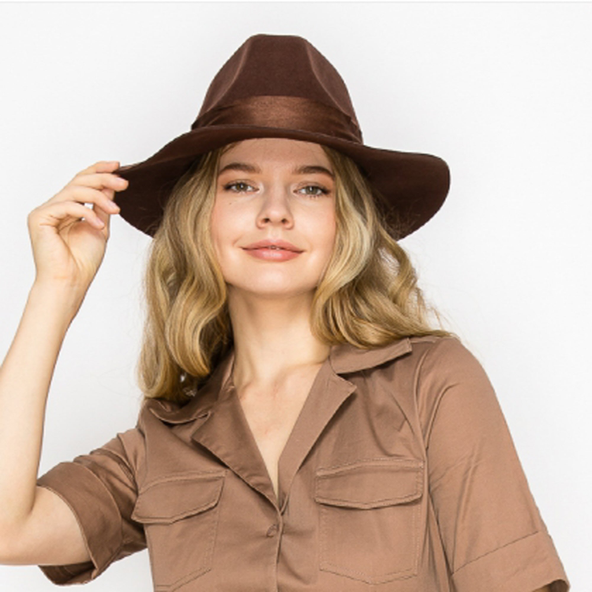 WOOL RANCHER HAT WITH VELVET BAND-BROWN