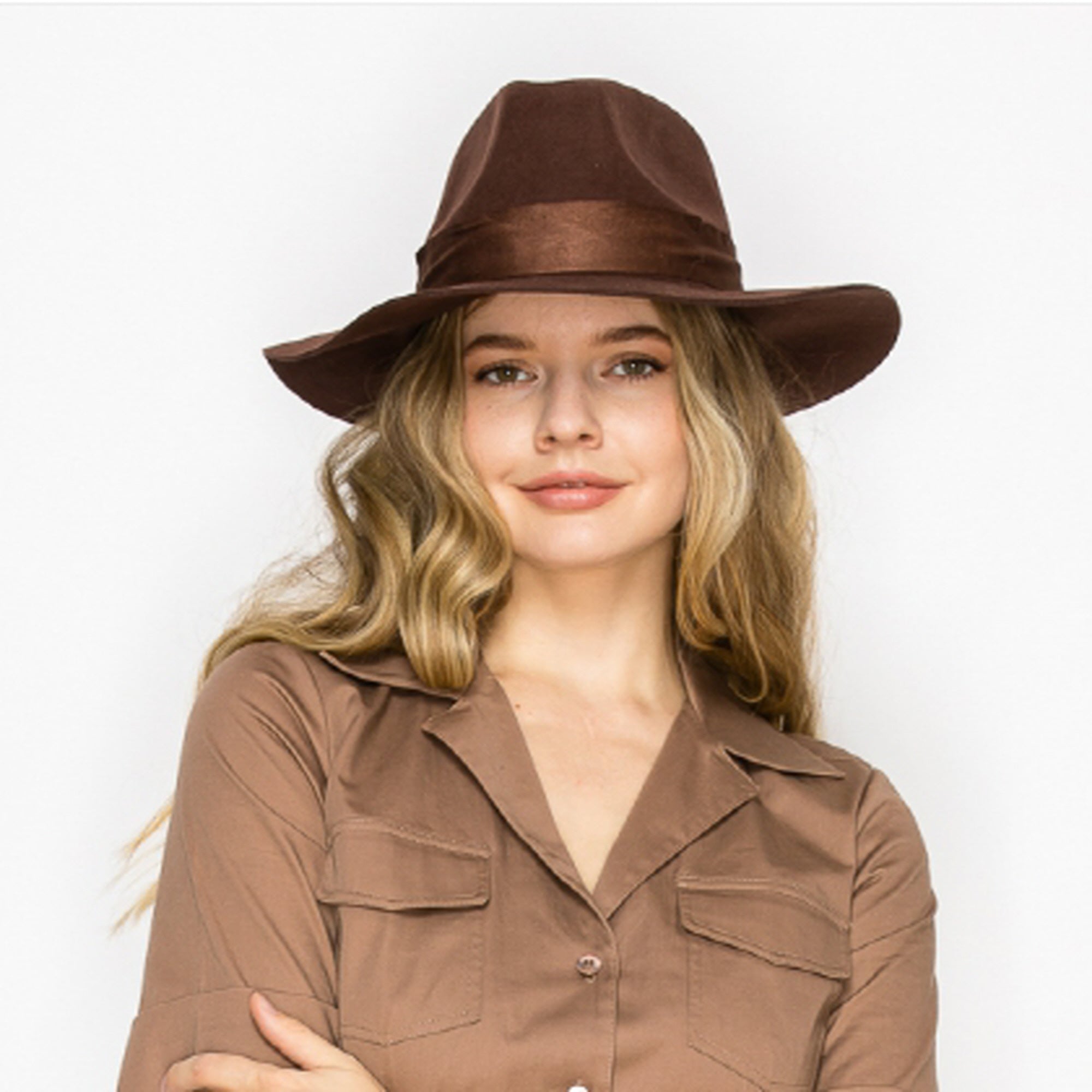 WOOL RANCHER HAT WITH VELVET BAND-BROWN