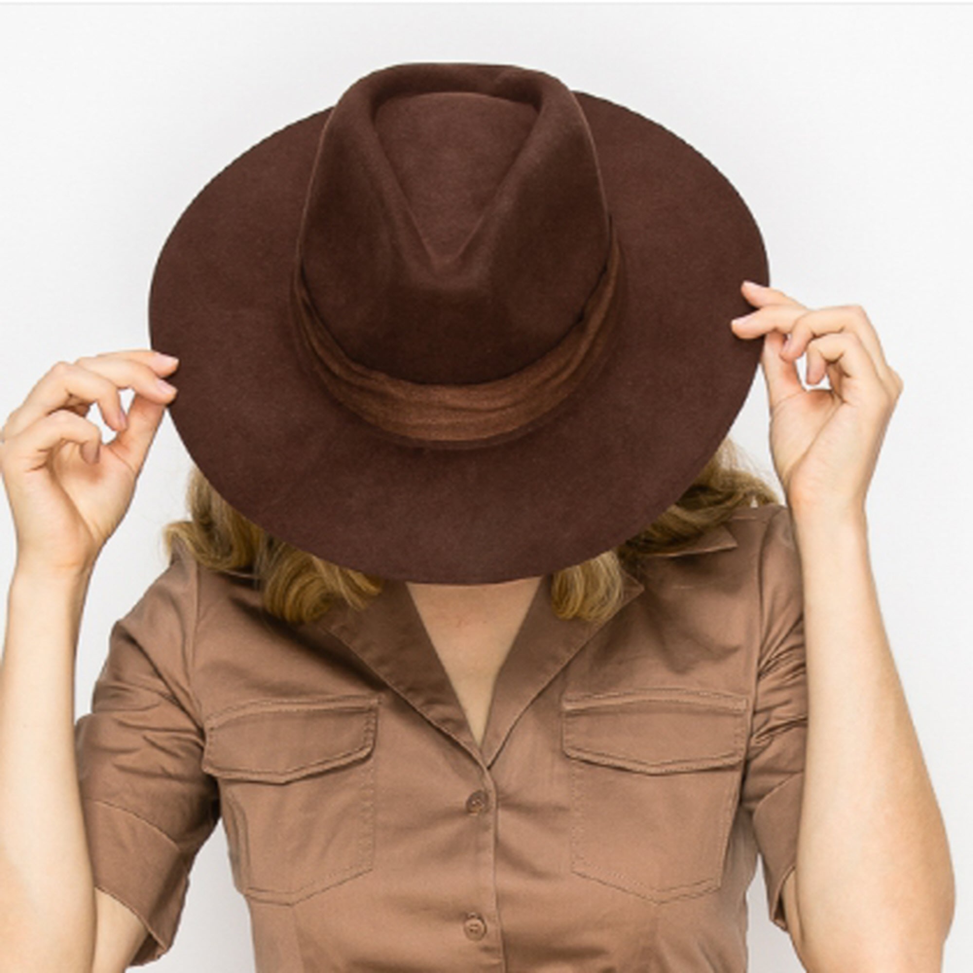 WOOL RANCHER HAT WITH VELVET BAND-BROWN