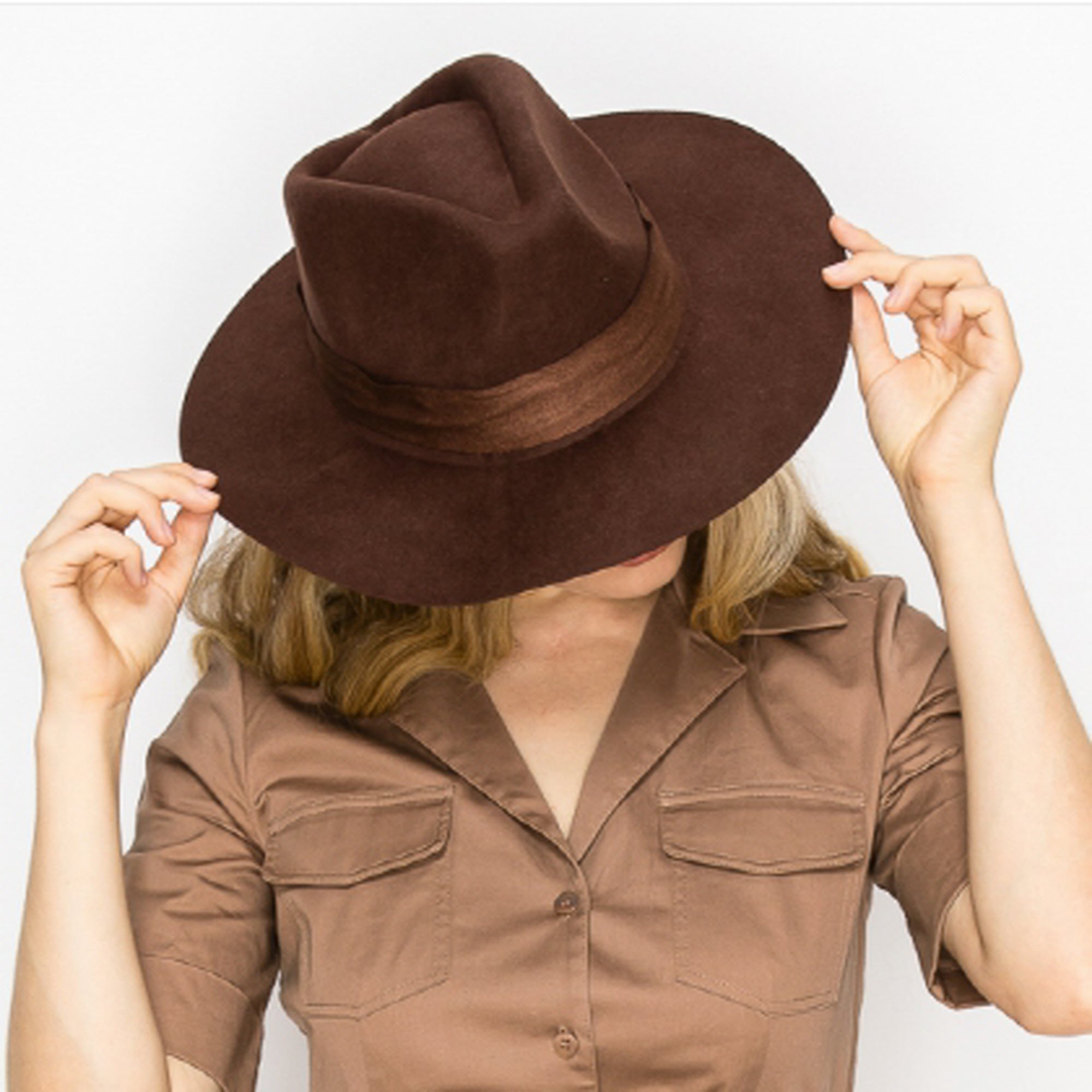 WOOL RANCHER HAT WITH VELVET BAND-BROWN
