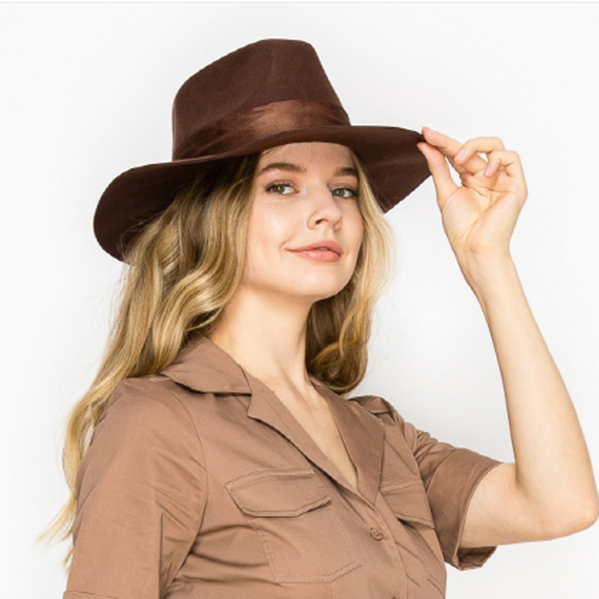 WOOL RANCHER HAT WITH VELVET BAND-BROWN
