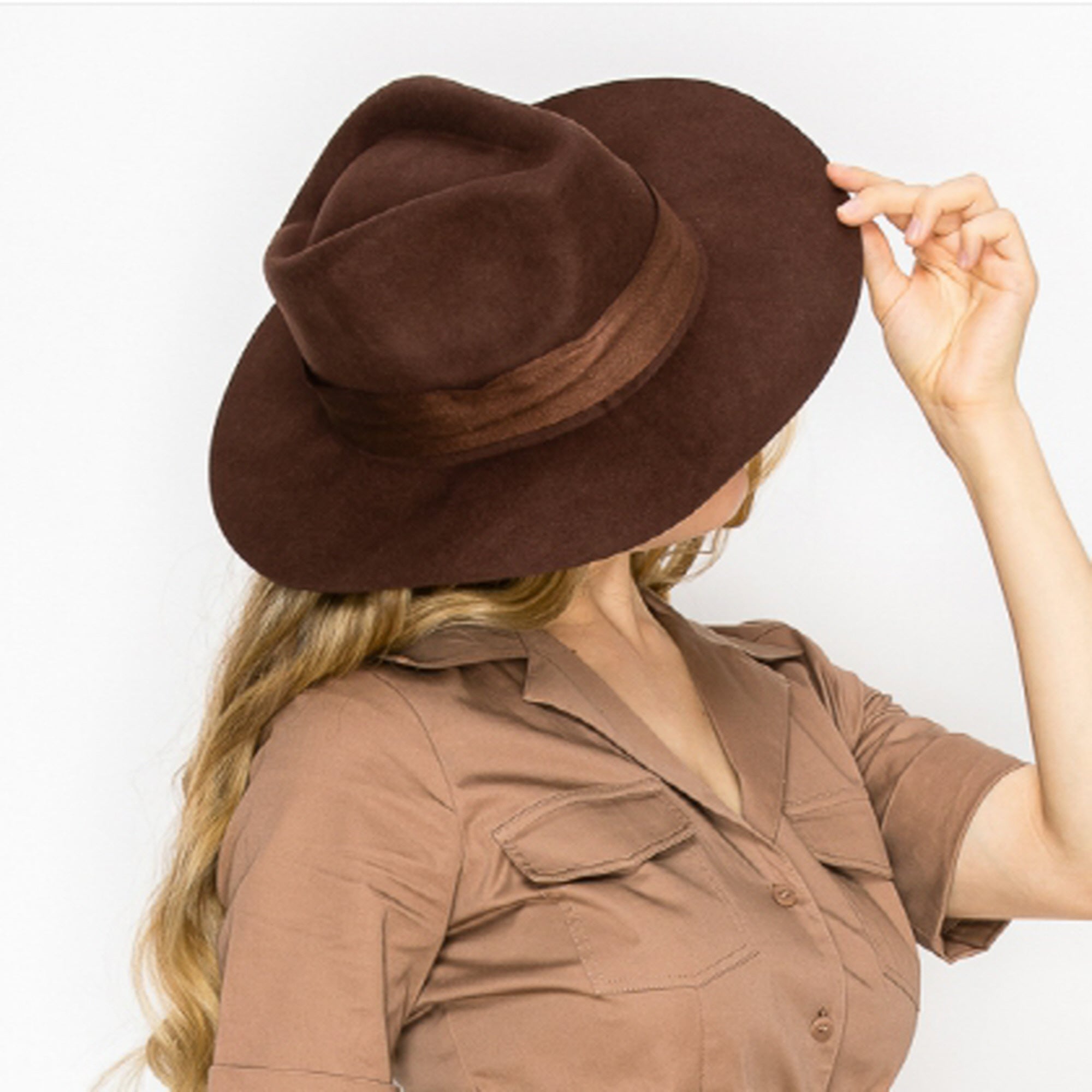 WOOL RANCHER HAT WITH VELVET BAND-BROWN