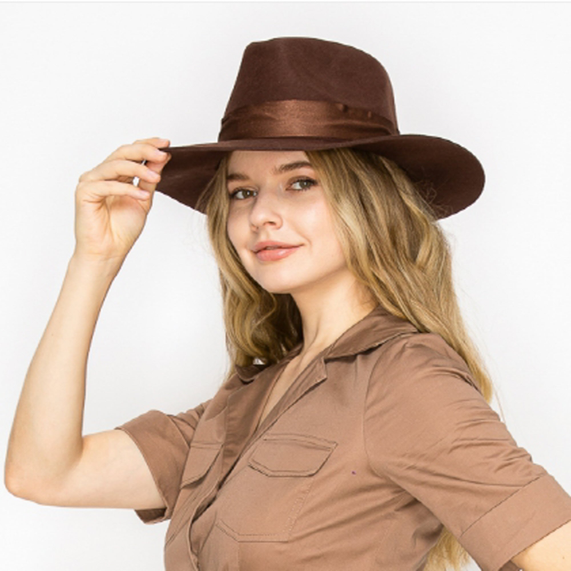 WOOL RANCHER HAT WITH VELVET BAND-BROWN