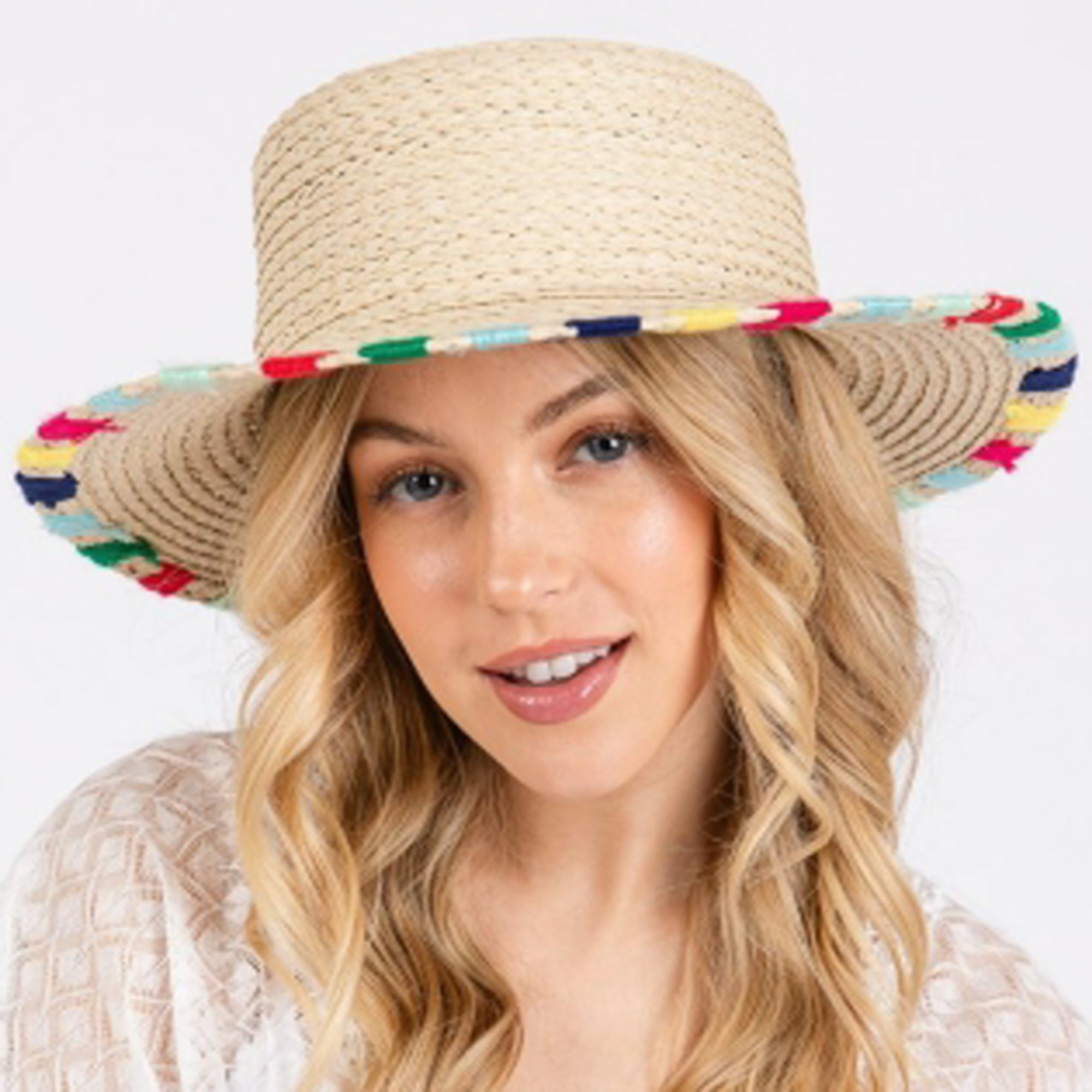 MULTI COLORED WIDE STITCH TRIM STRAW SUN HAT ONE SIZE 100% PAPER Adjustable inner drawstring Brim: 3.5 in