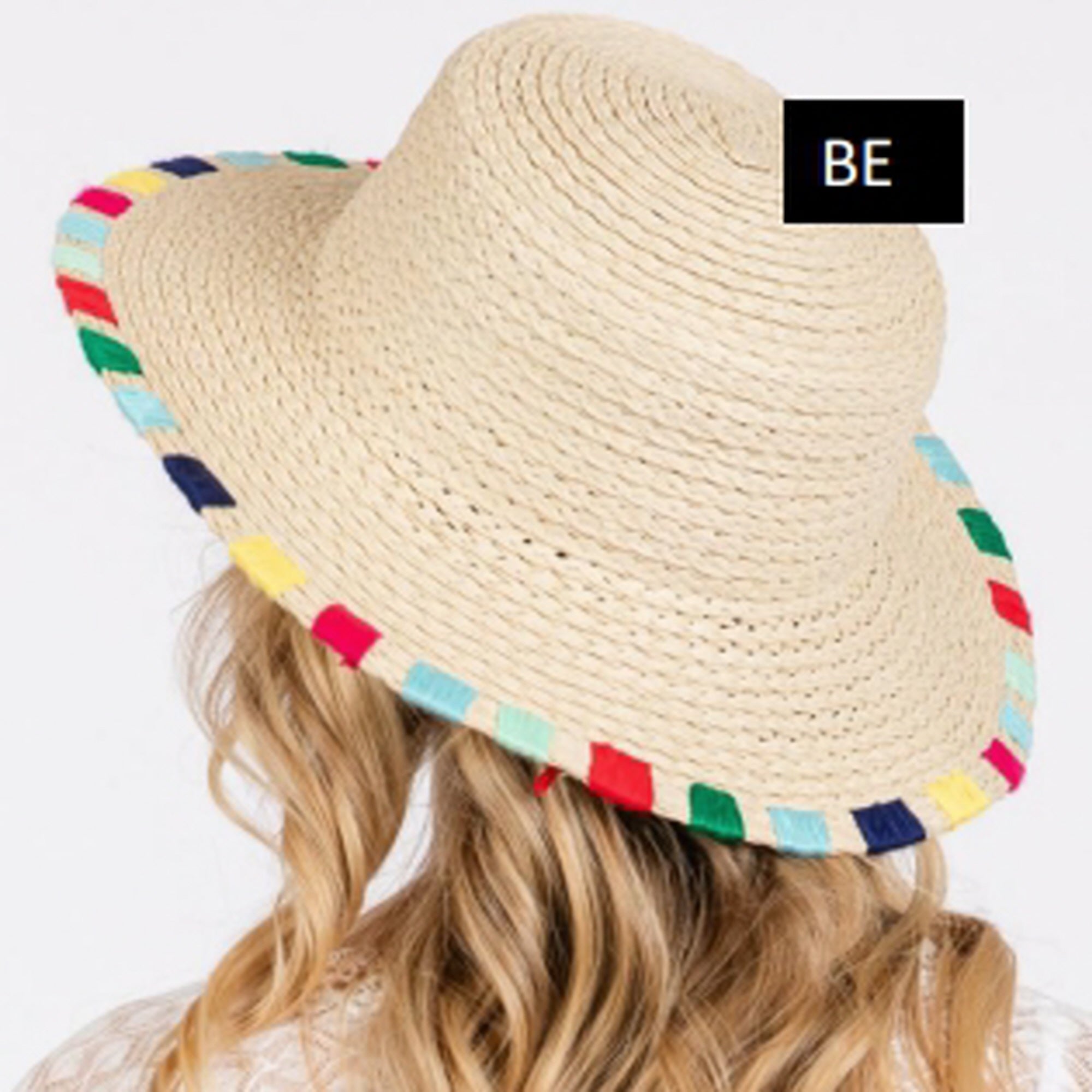 MULTI COLORED WIDE STITCH TRIM STRAW SUN HAT ONE SIZE 100% PAPER Adjustable inner drawstring Brim: 3.5 in