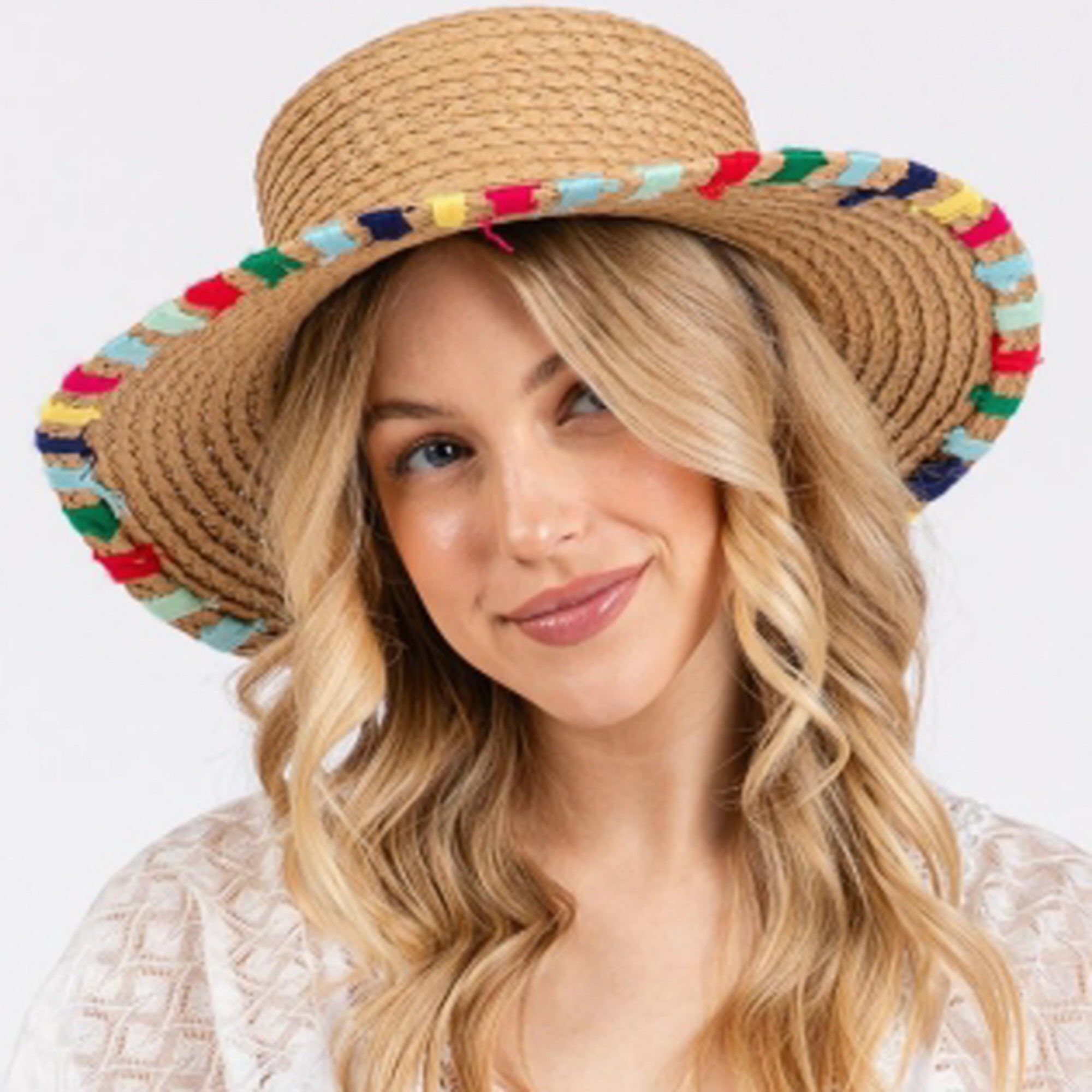 MULTI COLORED WIDE STITCH TRIM STRAW SUN HAT ONE SIZE 100% PAPER Adjustable inner drawstring Brim: 3.5 in