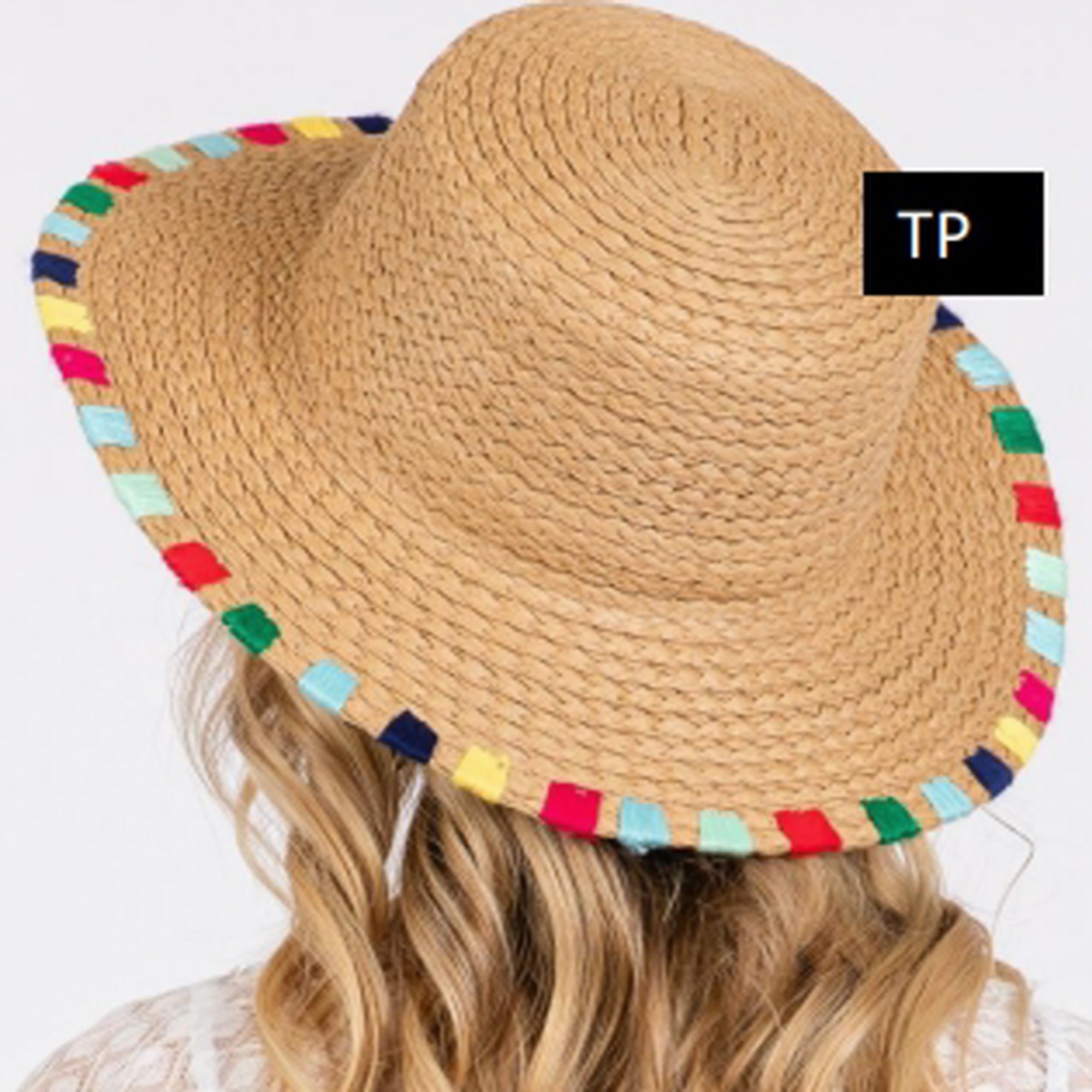 MULTI COLORED WIDE STITCH TRIM STRAW SUN HAT ONE SIZE 100% PAPER Adjustable inner drawstring Brim: 3.5 in