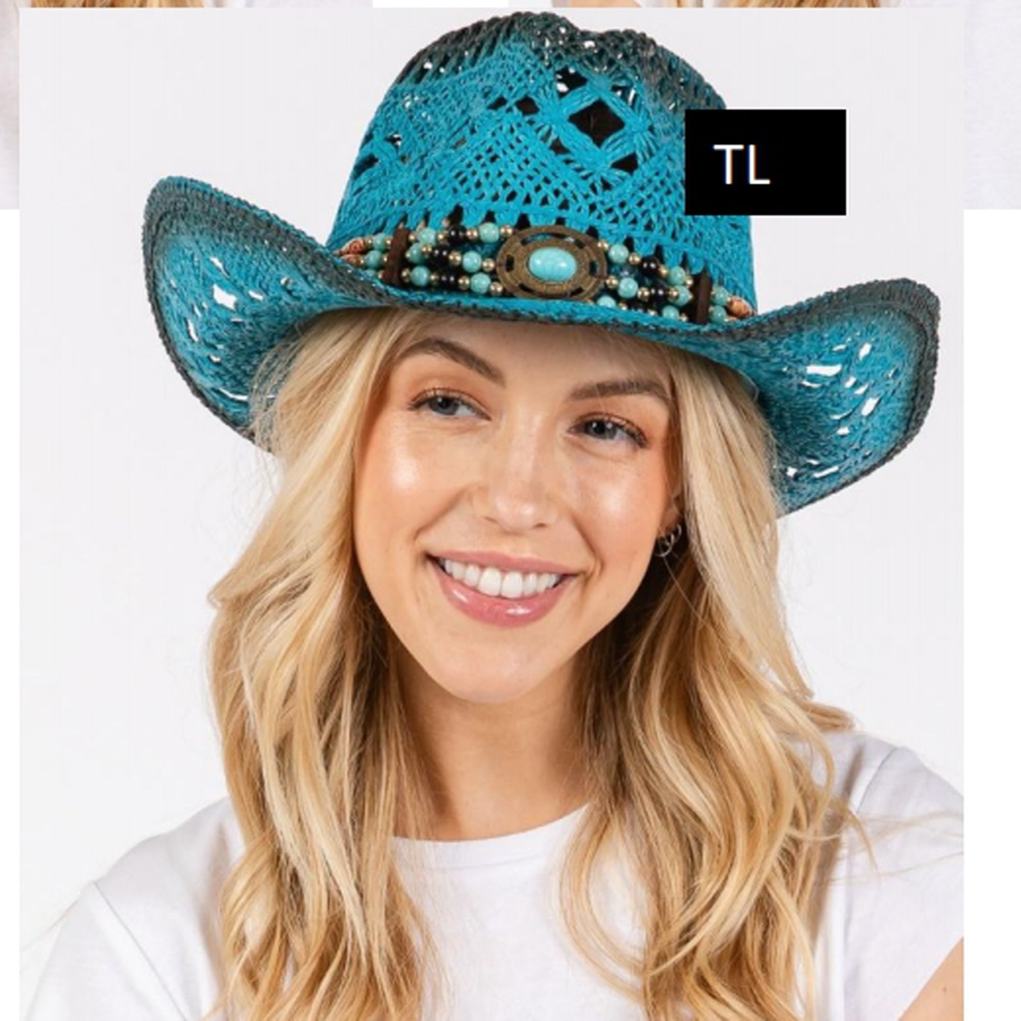 TEA STAINED OPEN WEAVE COWBOY HAT WITH WESTERN WOOD BEAD BAND