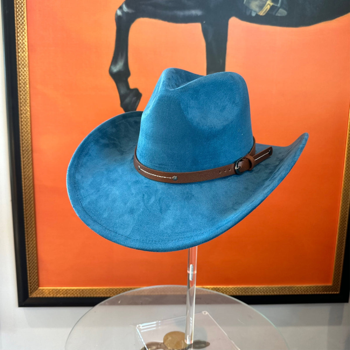 Vegan Suede Cowboy Hat with Slim Leather Belt