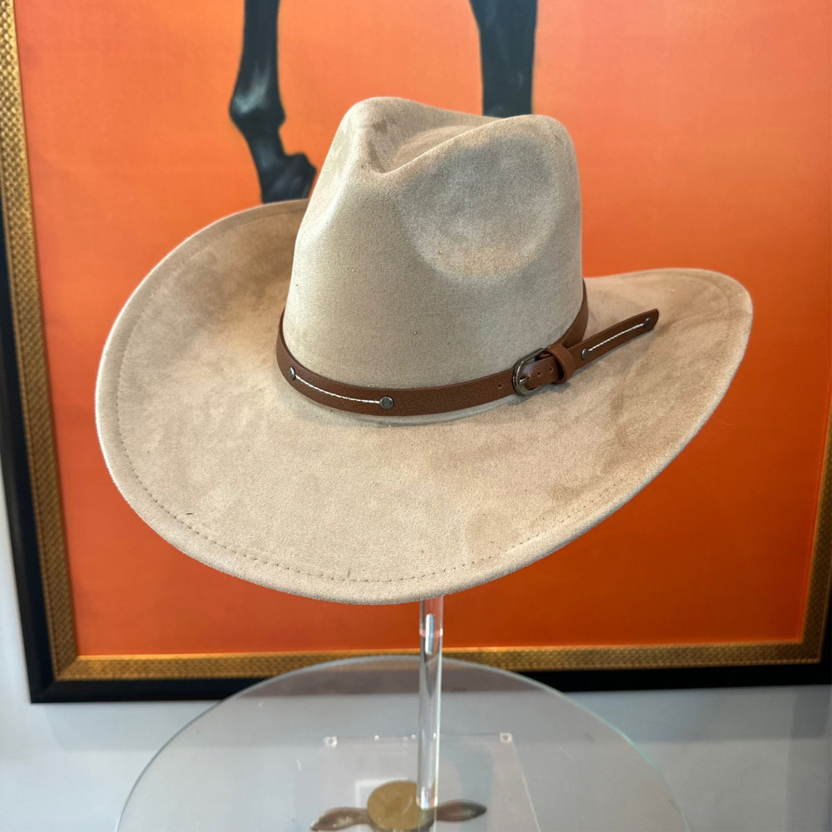 Vegan Suede Cowboy Hat with Slim Leather Belt