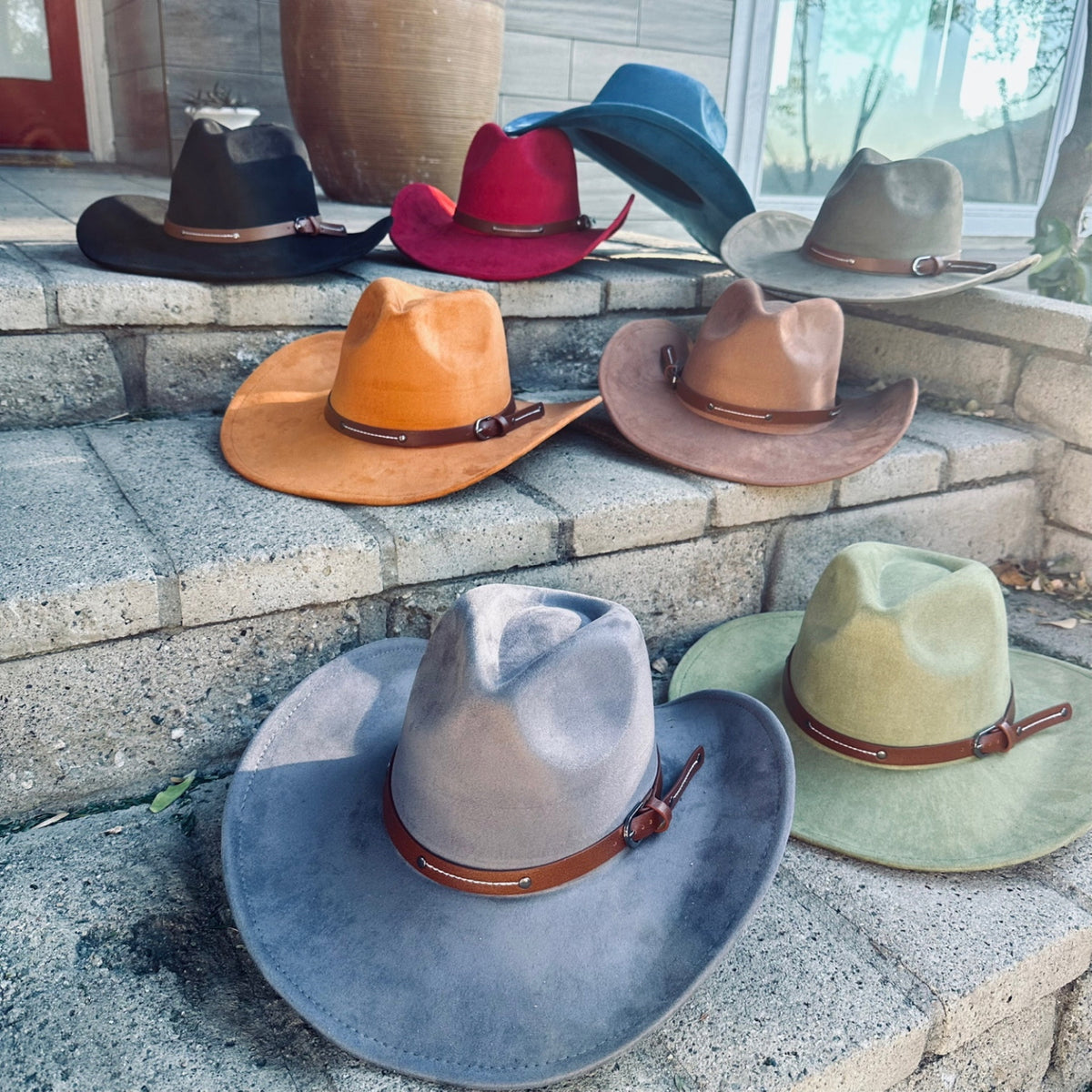 Vegan Suede Cowboy Hat with Slim Leather Belt
