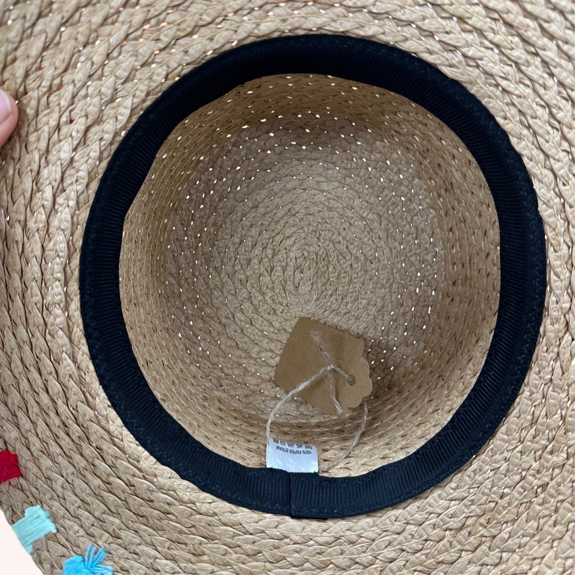 MULTI COLORED WIDE STITCH TRIM STRAW SUN HAT ONE SIZE 100% PAPER Adjustable inner drawstring Brim: 3.5 in