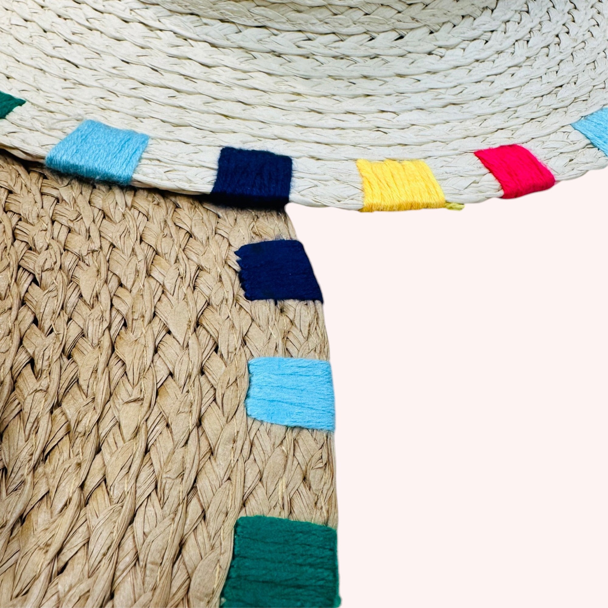MULTI COLORED WIDE STITCH TRIM STRAW SUN HAT ONE SIZE 100% PAPER Adjustable inner drawstring Brim: 3.5 in