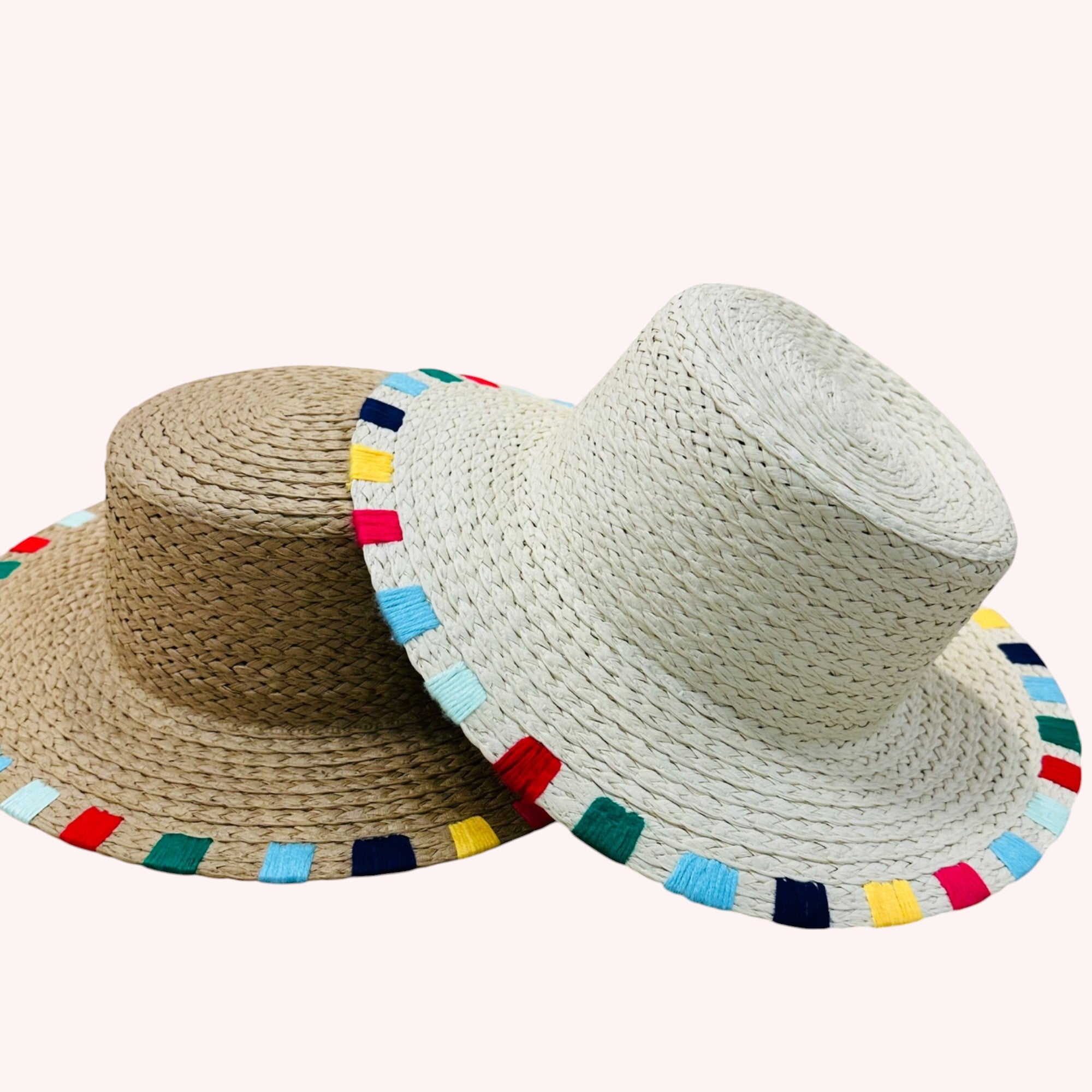 MULTI COLORED WIDE STITCH TRIM STRAW SUN HAT ONE SIZE 100% PAPER Adjustable inner drawstring Brim: 3.5 in