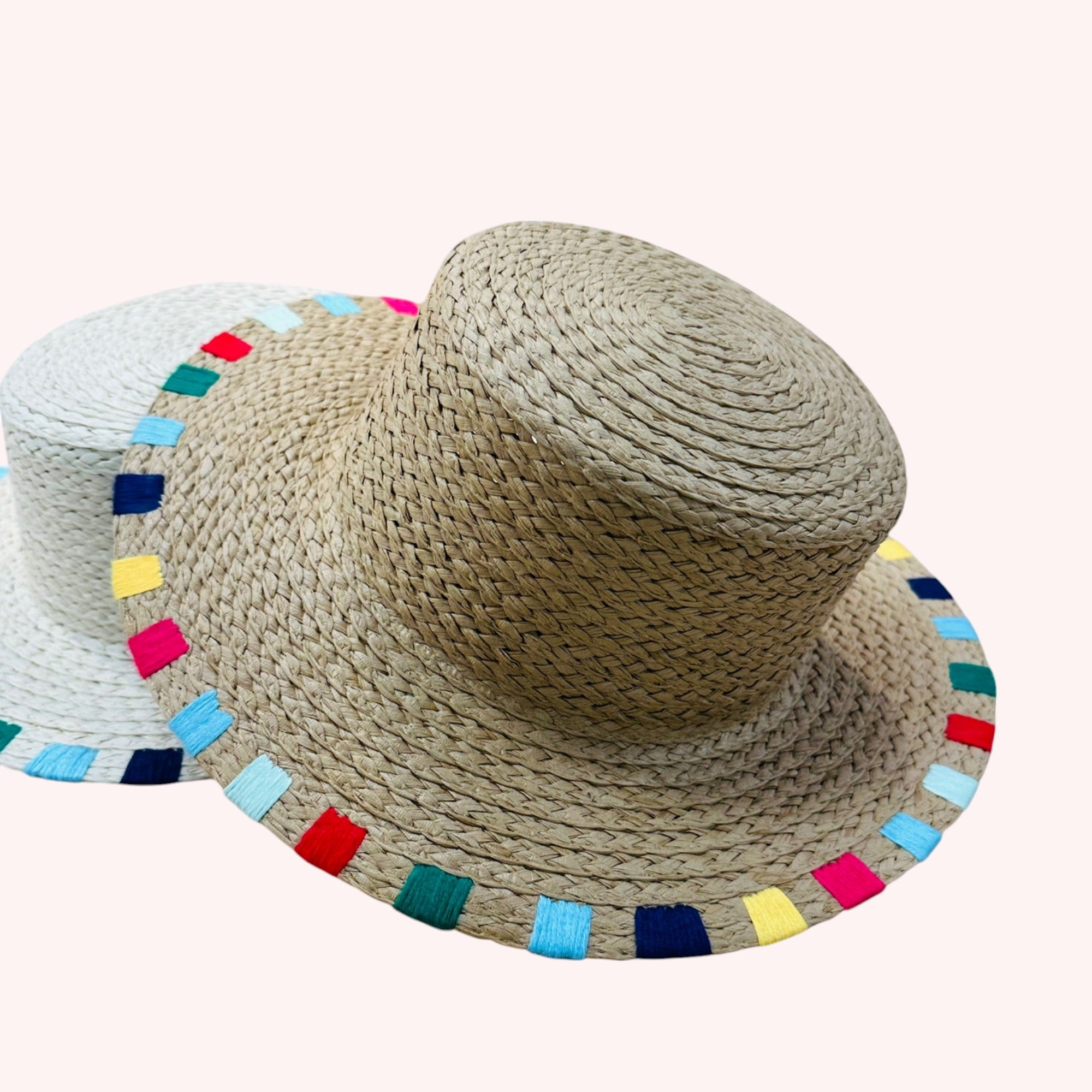 MULTI COLORED WIDE STITCH TRIM STRAW SUN HAT ONE SIZE 100% PAPER Adjustable inner drawstring Brim: 3.5 in