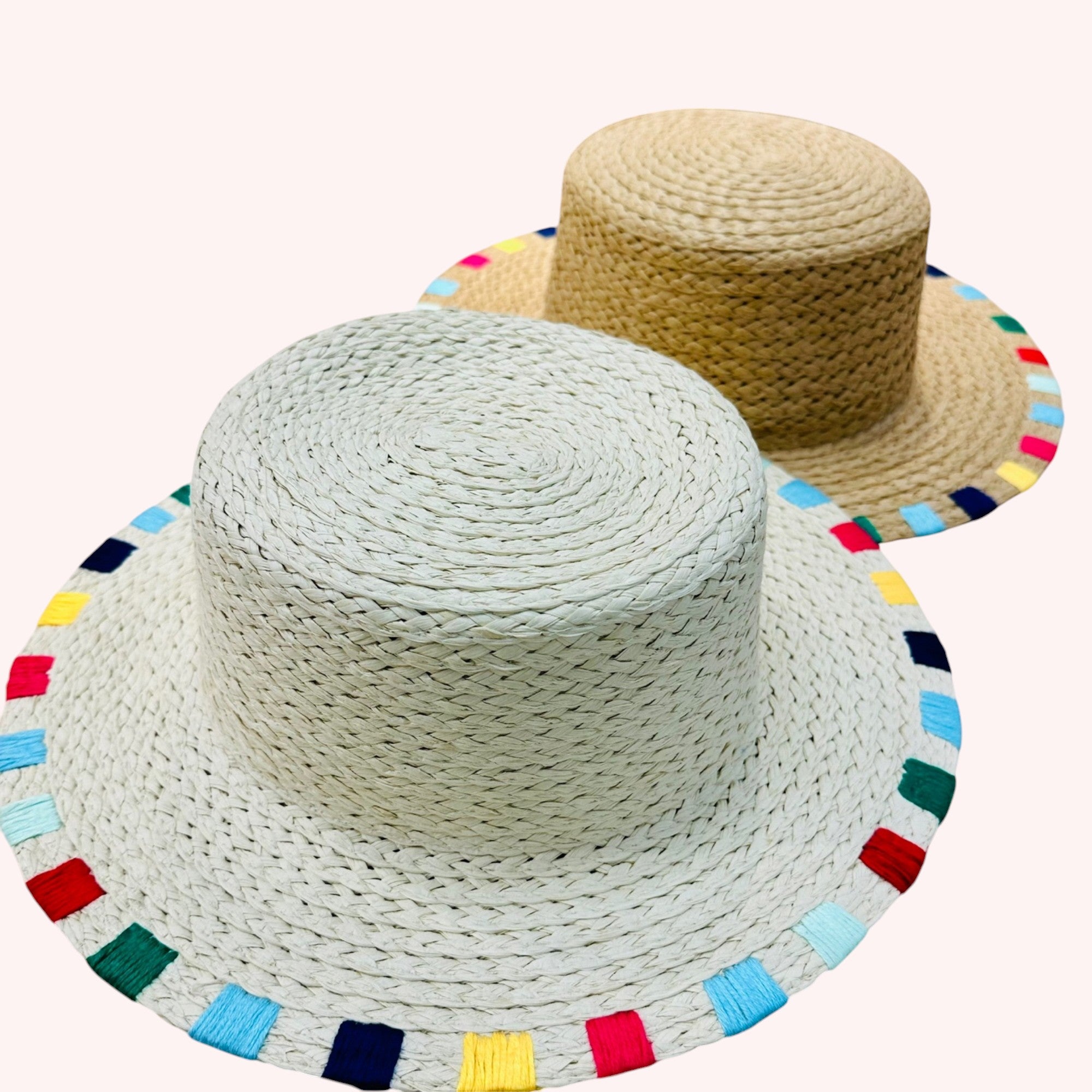 MULTI COLORED WIDE STITCH TRIM STRAW SUN HAT ONE SIZE 100% PAPER Adjustable inner drawstring Brim: 3.5 in