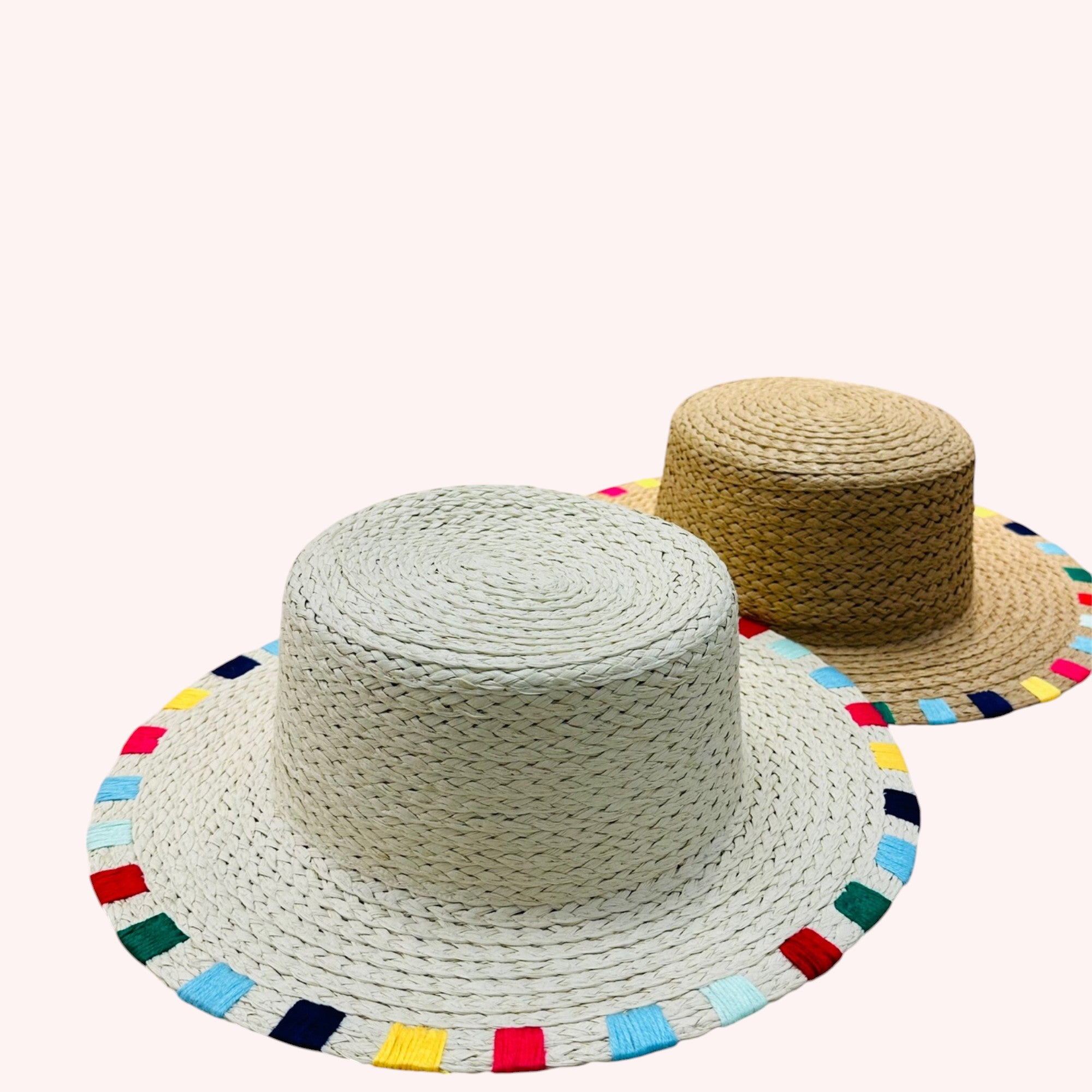 MULTI COLORED WIDE STITCH TRIM STRAW SUN HAT ONE SIZE 100% PAPER Adjustable inner drawstring Brim: 3.5 in