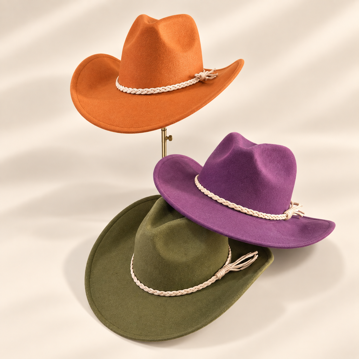 Vegan Felt Cowboy Hat with Braided Suede Belt in Camel