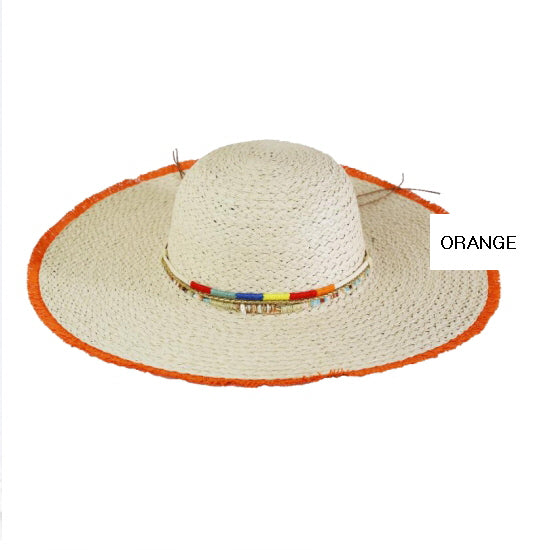 COLORED FRAYED FLOPPY STRAW HAT WITH MULTI BAND