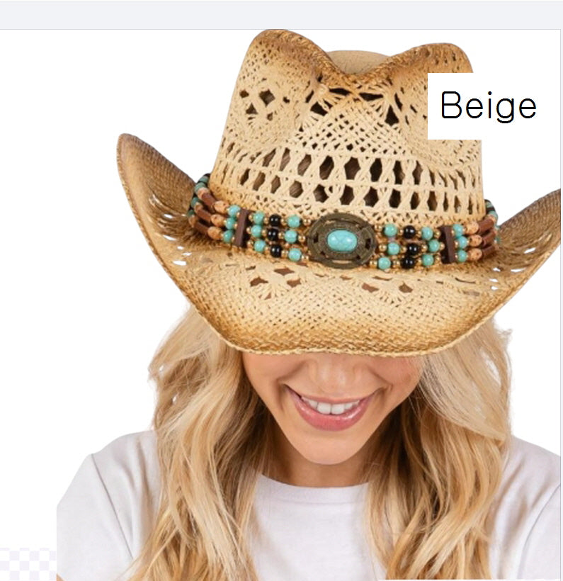 TEA STAINED OPEN WEAVE COWBOY HAT WITH WESTERN WOOD BEAD BAND