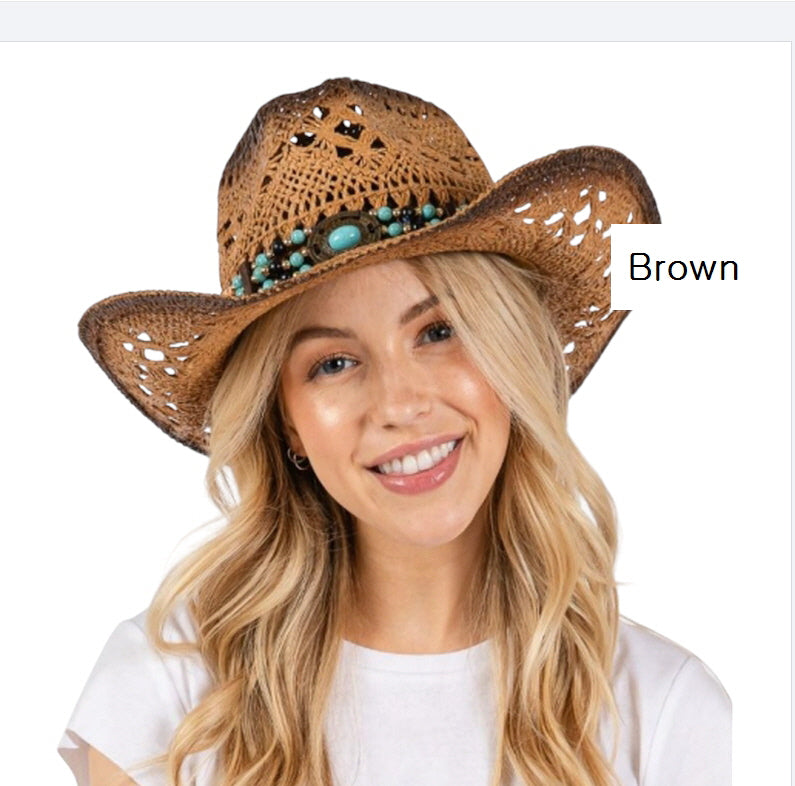TEA STAINED OPEN WEAVE COWBOY HAT WITH WESTERN WOOD BEAD BAND