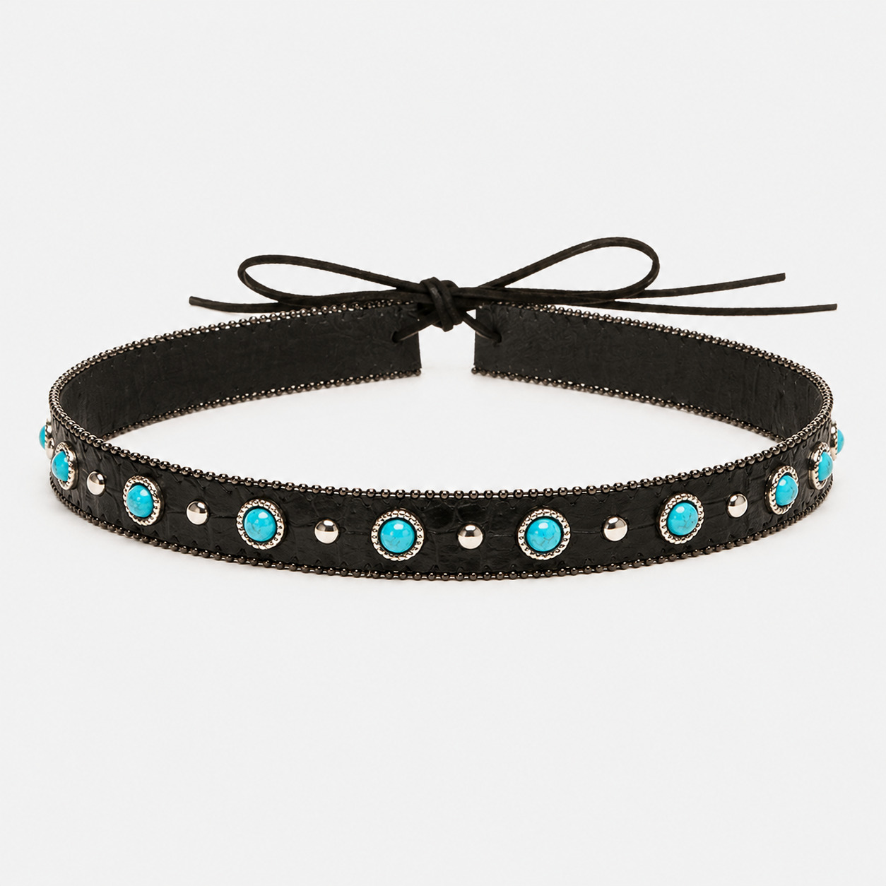 Black Vegan Leather Hat Band with Turquoise Stones