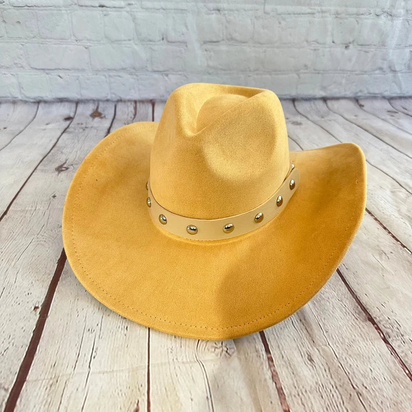 VEGAN SUEDE COWBOY HAT W/ STUDDED LEATHER BELT