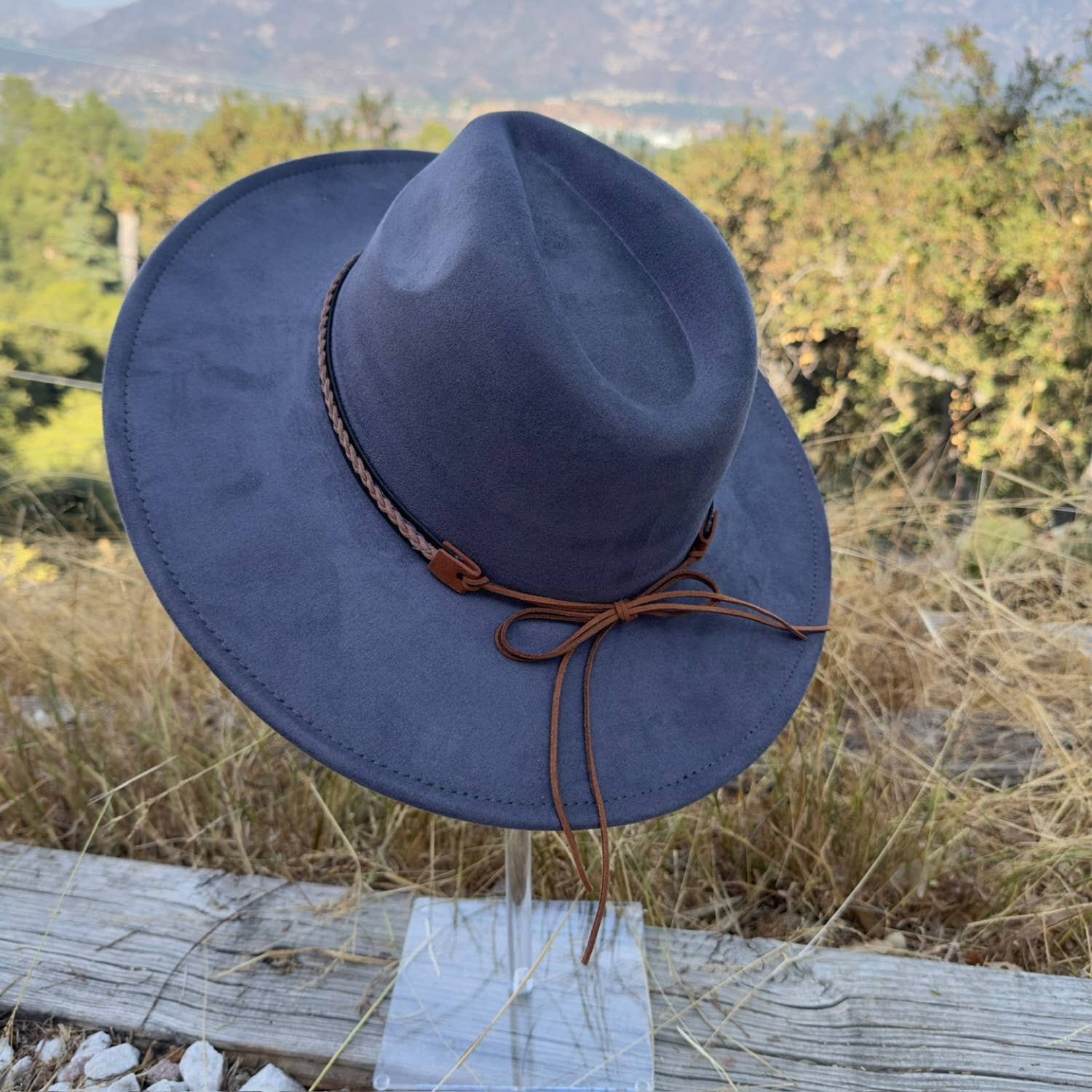Classic Wide Brim Suede Hat With Braided Suede Belt